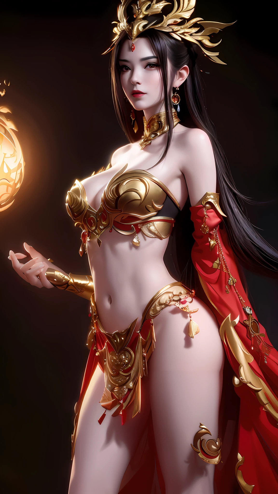 a close up of a woman in a red and gold costume holding a glowing ball, extremely detailed artgerm, a beautiful fantasy empress, goddess. extremely high detail, ne zha from smite, 8k high quality detailed art, ruan jia and artgerm, appears as the fire goddess, cinematic goddess body shot, unreal engine render + a goddess