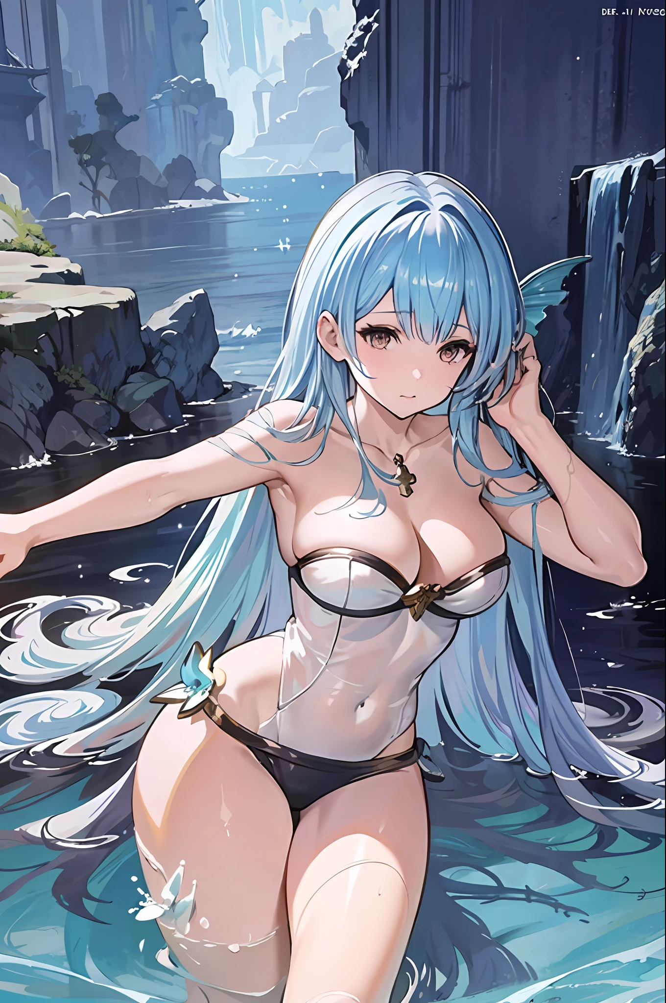 a woman in a bikini top is holding a sword and a fish, high detailed official artwork, goddess of the ocean, granblue fantasy, goddess of the sea, official artwork, water fairy, nautical siren, from bravely default ii, official art, goddess of summer, beautiful mermaid, mystical atlantean valkyrie, splash art anime