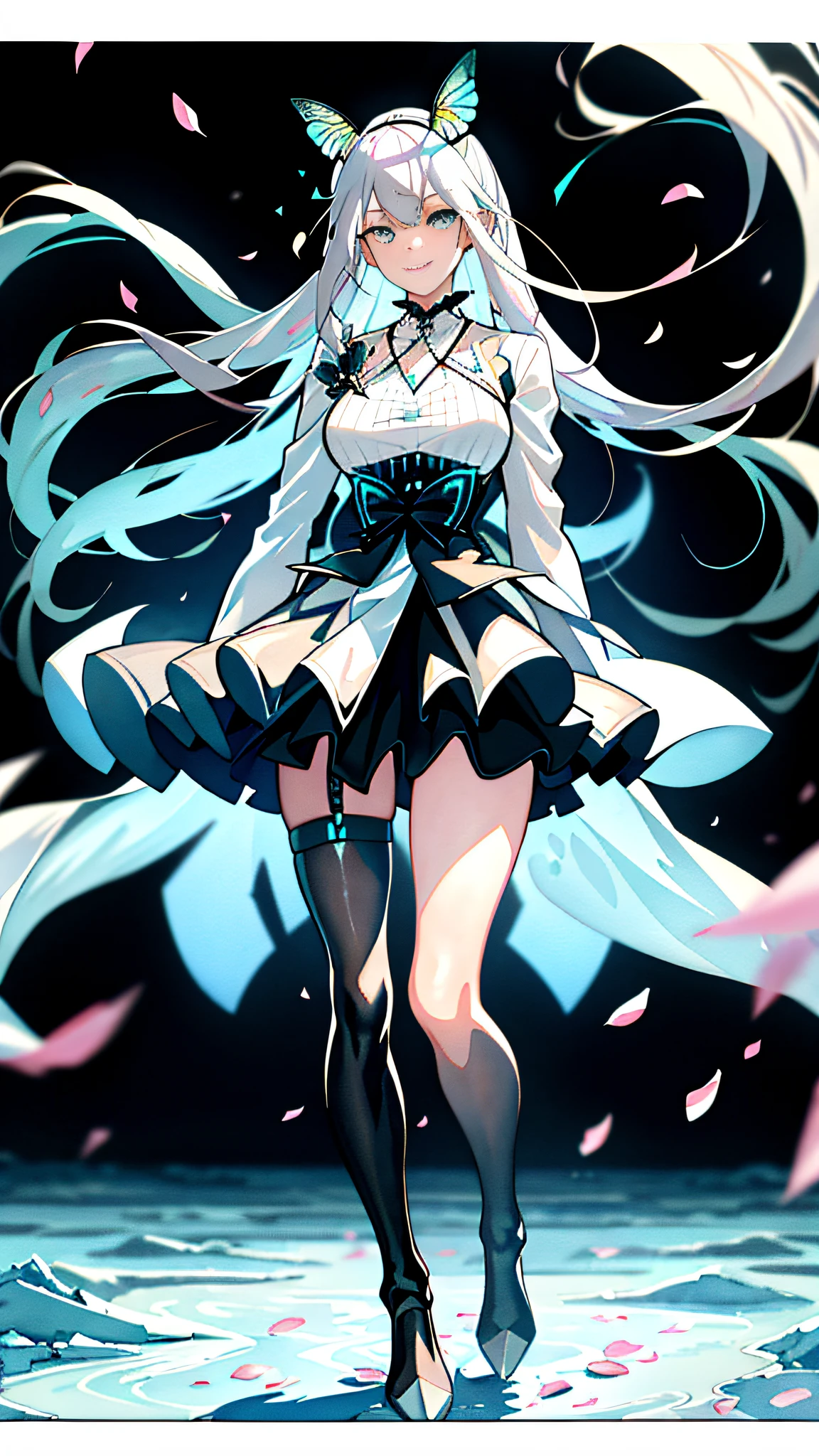 best quality, female, hatsune miratury, pointed ears, crazy, long white hair, double ponytail, mechanical legs, black knee-length stockings, garland on head, head up, skirt lift, in winter, (ink)),(watercolor), bloom effect, detailed beautiful prairie with petals, flowers, butterflies, necklace, smile, petals, ((surrounded by heavy stream of floating petals)))