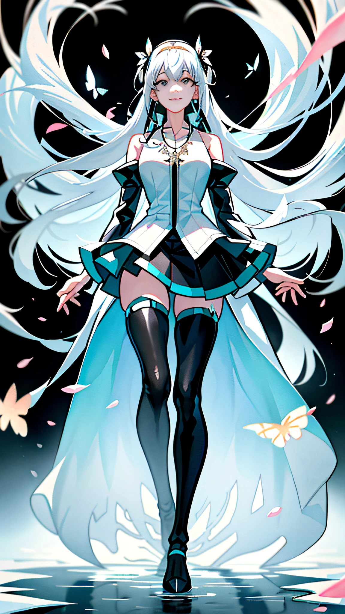 best quality, female, hatsune miratury, pointed ears, crazy, long white hair, double ponytail, mechanical legs, black knee-length stockings, garland on head, head up, skirt lift, in winter, (ink)),(watercolor), bloom effect, detailed beautiful prairie with petals, flowers, butterflies, necklace, smile, petals, ((surrounded by heavy stream of floating petals)))