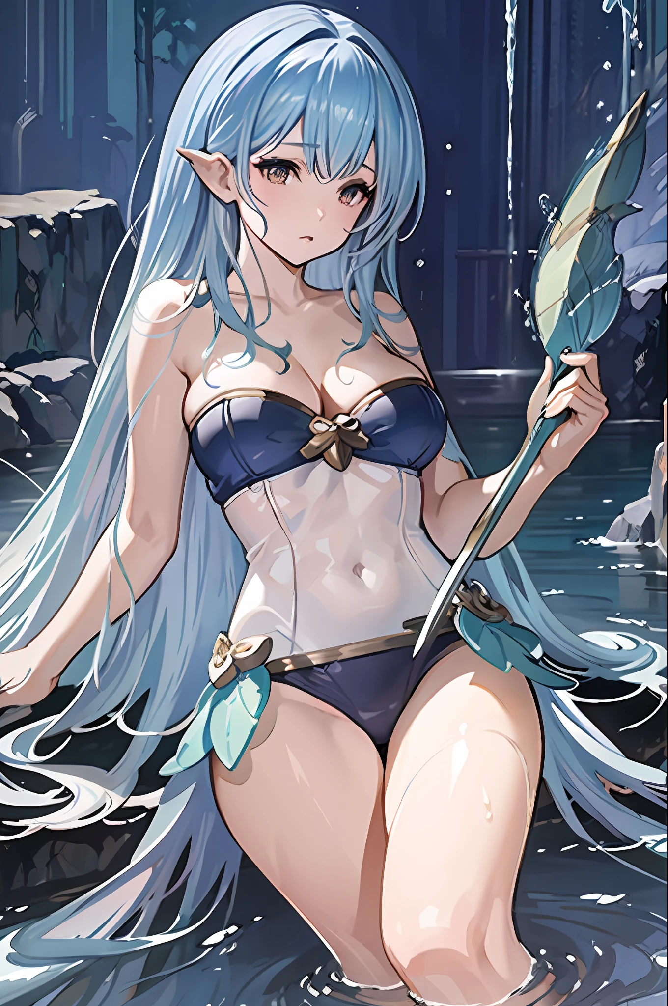 a woman in a bikini top is holding a sword and a fish, high detailed official artwork, goddess of the ocean, granblue fantasy, goddess of the sea, official artwork, water fairy, nautical siren, from bravely default ii, official art, goddess of summer, beautiful mermaid, mystical atlantean valkyrie, splash art anime