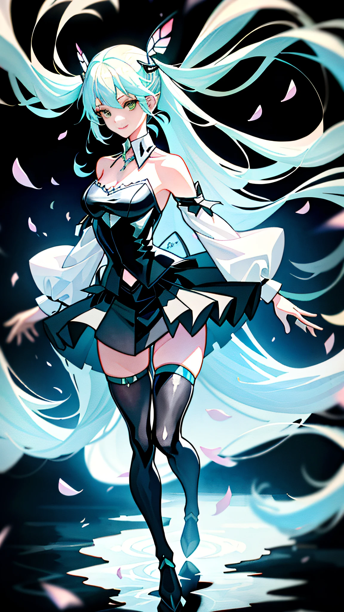 best quality, female, hatsune miratury, pointed ears, crazy, long white hair, double ponytail, mechanical legs, black knee-length stockings, garland on head, head up, skirt lift, in winter, (ink)),(watercolor), bloom effect, detailed beautiful prairie with petals, flowers, butterflies, necklace, smile, petals, ((surrounded by heavy stream of floating petals)))