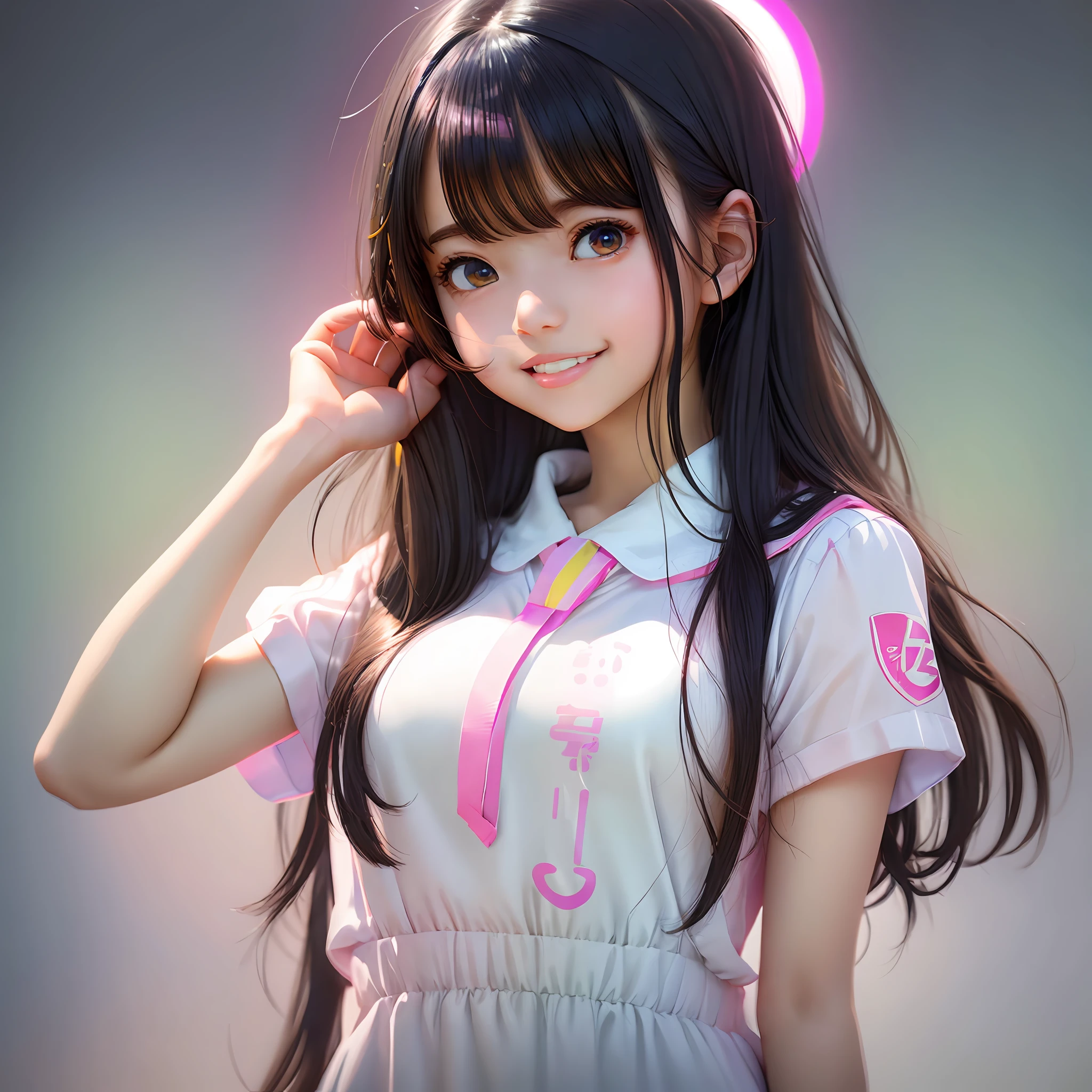 Cute girl, pink lips, wearing bright white shirt, her anime illustration face, animated GIF, hand drawn animation, attractive sketch, smooth and shiny, hazy romanticism, black hair, super flat style, smile, petite, white Background - AR 1:1 - Rainbow 5 - Expressive in style --auto --s2
