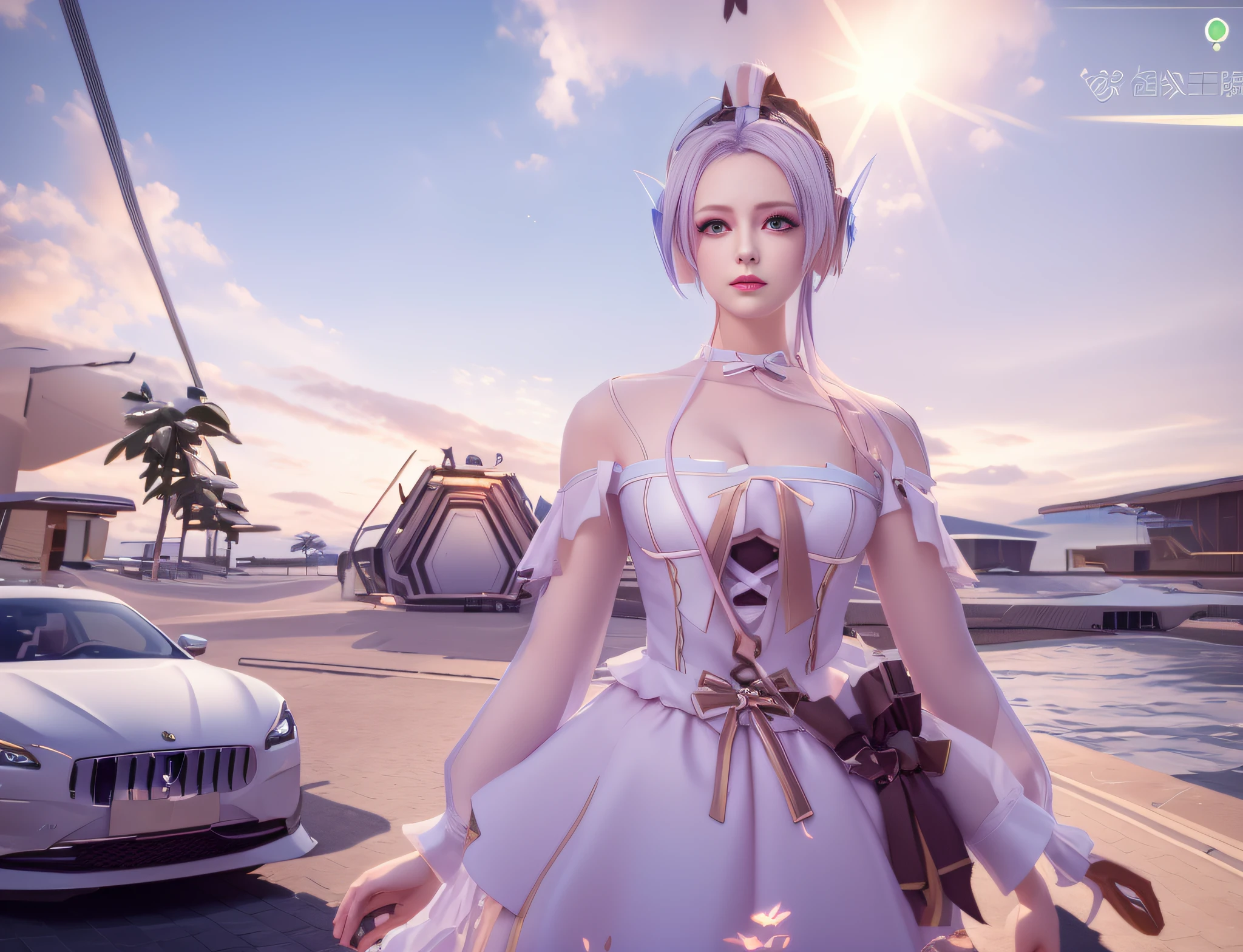 a close up of a person in a dress near a car, fashion gameplay screenshot, perfect android girl, lineage 2 revolution style, perfect android girl family, beautiful female android!, game cg, katana zero video game character, in - game, in-game, <mmorpgs scene, glossy white armor, from the azur lane videogame --auto --s2