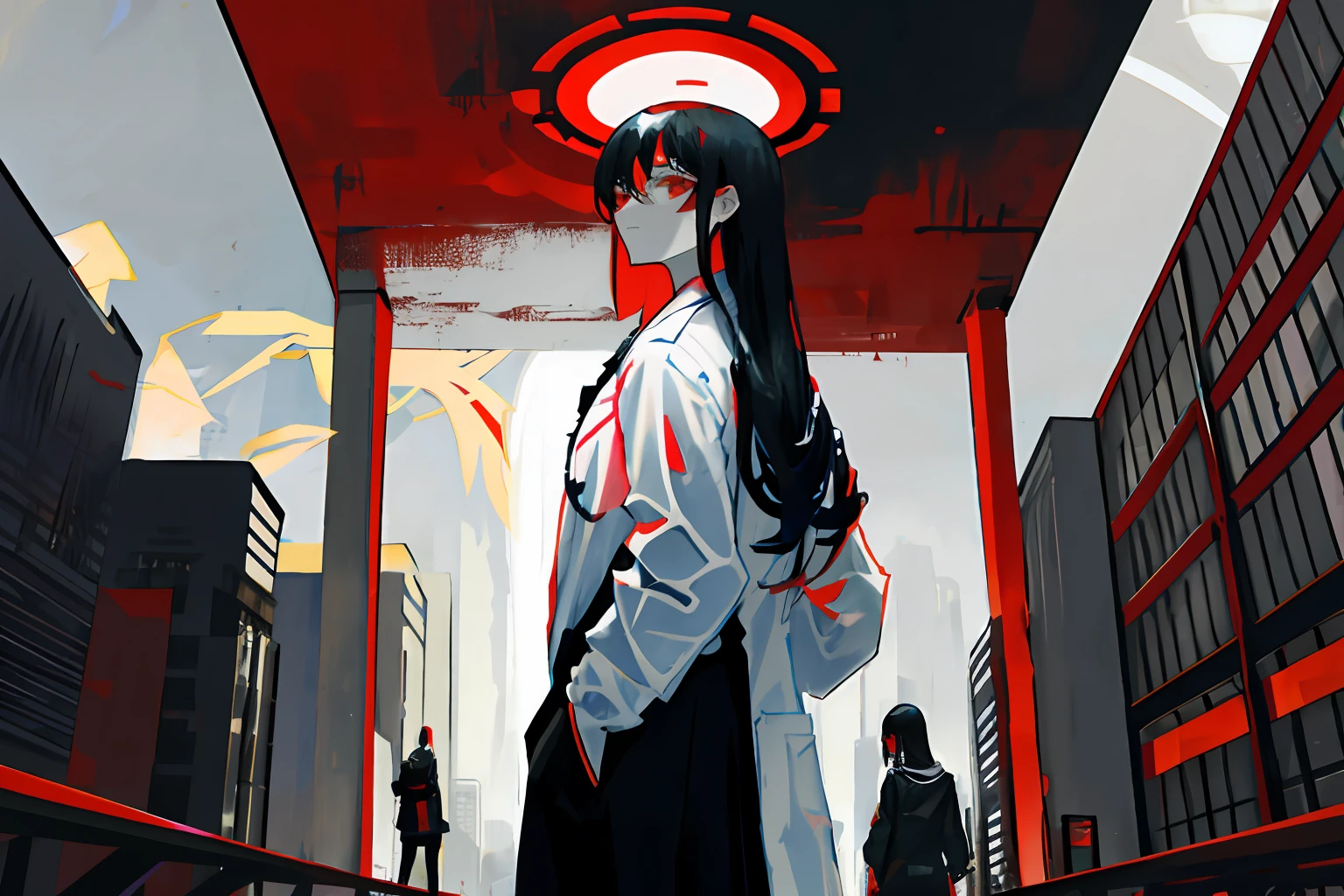 Modern architecture, red eyes, black hair, bangs, cold eyes, lab coat, sides, long straight hair, fear, splashed blood, murderer, skyscraper, backlight, starry sky