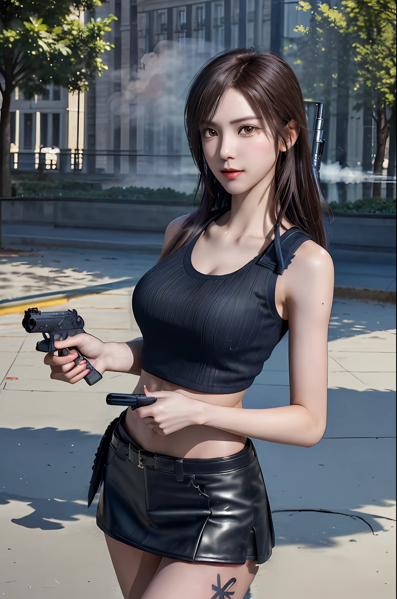 1girl,Shortcut, Slender, (((aiming at the viewer with a gun)), camouflage-colored clothes, tank top, (tattoo), leather miniskirt, two pistols, ((holding a handgun)), masterpiece, detailed shadow, detailed light, very detailed, best quality, HD, 4K, high quality, cowboy shot, photo, professional lighting, (((decent looking gun))),detailed background, flash, (shooting smoke), outdoor, park, ((square)), beautiful background, falling cartridge case,