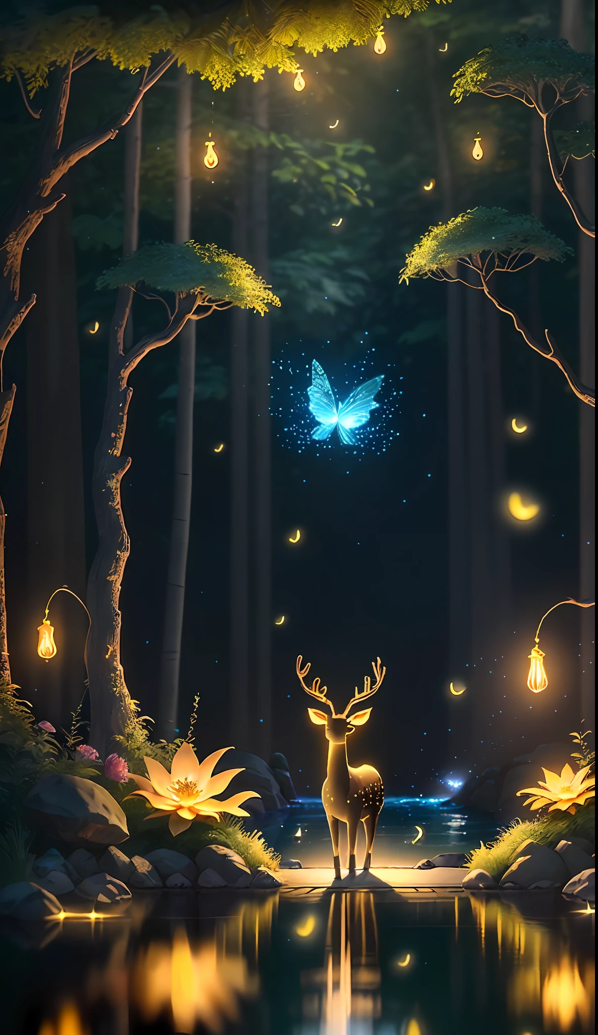 Masterpiece, best quality, (very detailed CG unity 8k wallpaper), (best quality), (best illustration), (best shadows), glow sprite, with a glowing deer, in the swimming pool Drinking water, natural elements in the forest theme. Mysterious forest, beautiful forest, nature, surrounded by flowers, delicate leaves and branches surrounded by fireflies (natural elements), (jungle theme), (leaves), (twigs), (fireflies), (particle effects) etc. 3D , Octane rendering, ray tracing, super detailed