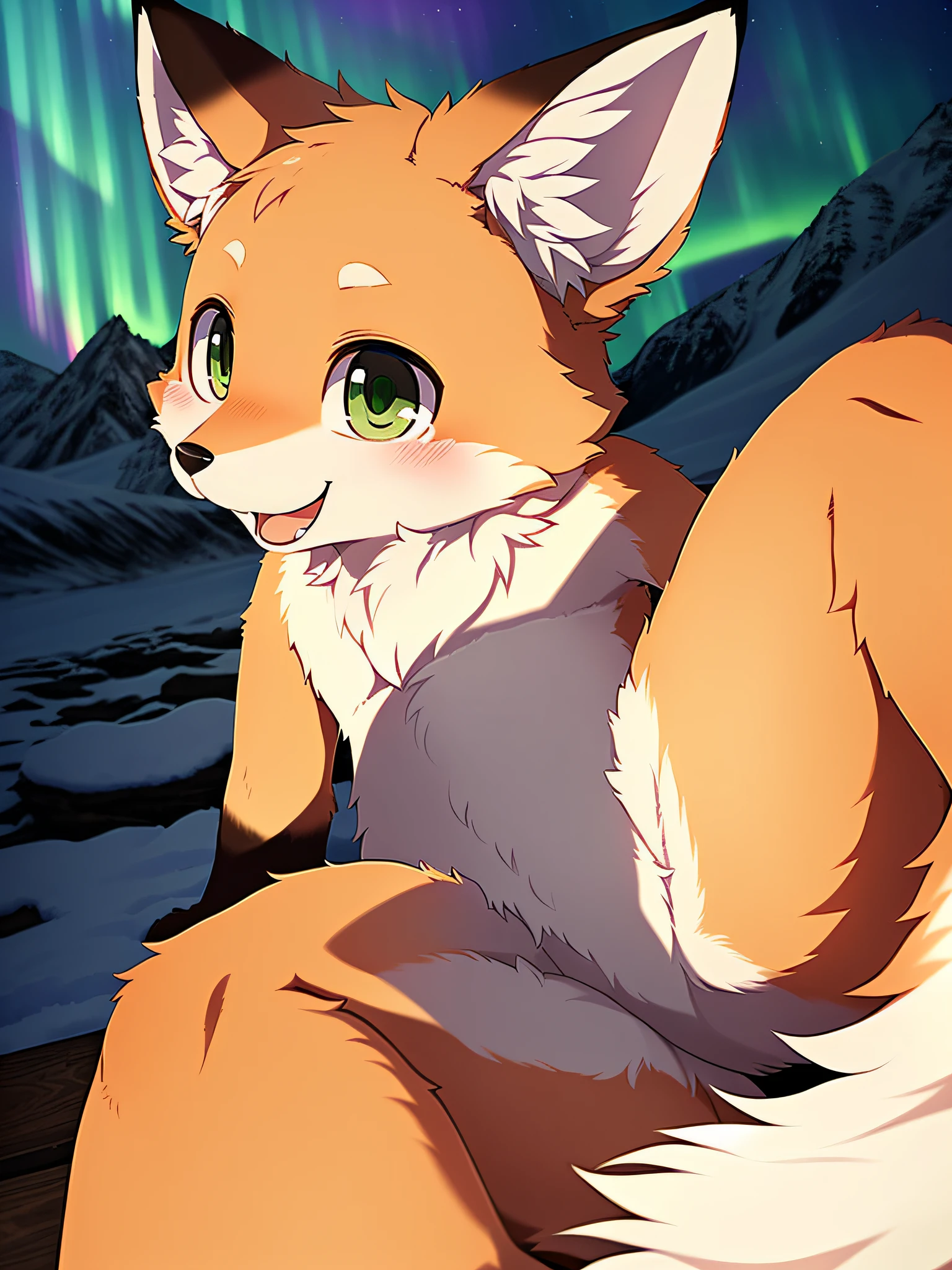 e621, by Dagasi, by healing pit, solo female (fox, furry, thighs, green eyes, cute, big eyes, fluffy ears, fur, detailed fur, fluffy chest, bust fuzz, fluffy ears, fluffy tail, (full body: 1.6), fox claws, paws, soft fur, 1 tail, big tail, fox, quadruple), detail lighting, shadow, movie lightning, (realistic proportions, wild proportions, animal proportions), wild, human ?????????, NSFW,  shadow, masterpiece, detailed ambient light, detailed background, backlight, dusk rays, fur light reflection, (alaska, in alaska, northern lights, winter, cold), lying, playful, masterpiece, natural light, smug, face close to viewer, pastel color, illustration, high quality, happy, open mouth and look up into perspective, perspective from small, curved thighs, huge thighs