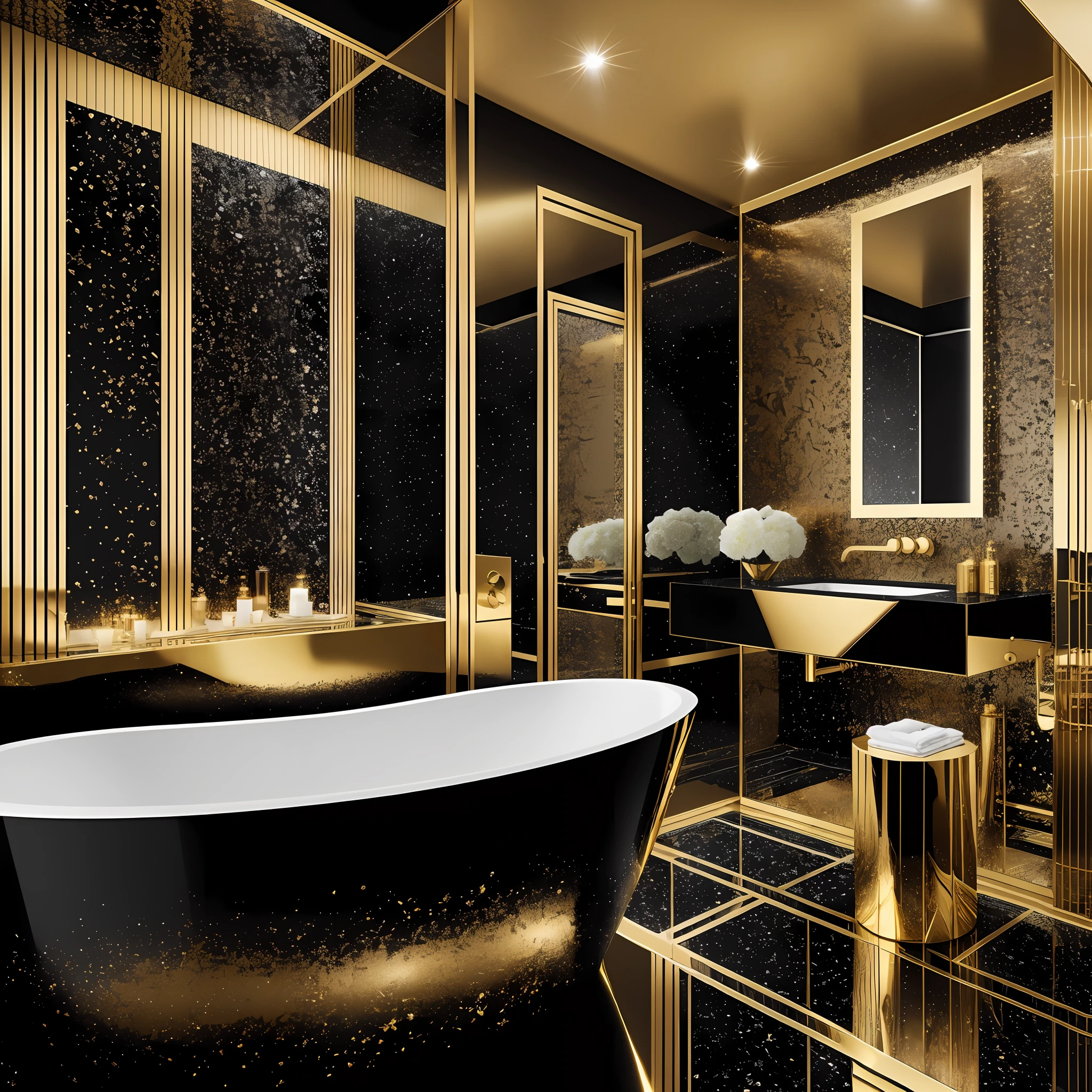 Step into a modern, luxurious bathroom glowing with golden light. The walls are sleek black, adorned with silver-framed glass panels displaying intricate gold patterns. A large, ornate mirror reflects flawlessly, surrounded by a frame of intertwining gold designs. The vanity is minimalist, crafted from black marble with golden accents. A freestanding bathtub of silver and black, lined with a lustrous golden interior, sits beneath a skylight that transforms into a starry night scene. The floor is adorned with shimmering tiles that glisten like molten gold. It's a celestial oasis of indulgence and elegance. (8k UHD, dslr, soft lighting, high quality, film grain, Fujifilm masterpiece, best quality) --auto --s2