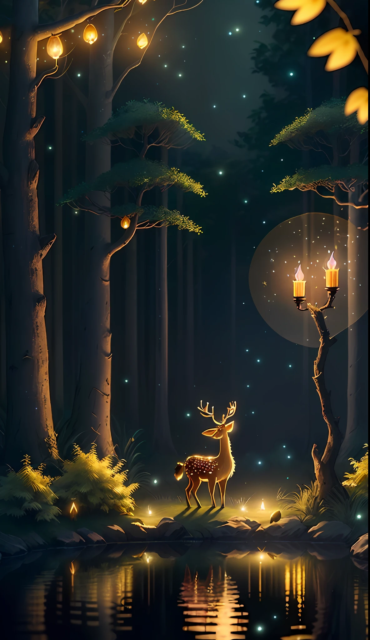 Masterpiece, best quality, (very detailed CG unity 8k wallpaper), (best quality), (best illustration), (best shadows), glow sprite, with a glowing deer, in the swimming pool Drinking water, natural elements in the forest theme. Mysterious forest, beautiful forest, nature, surrounded by flowers, delicate leaves and branches surrounded by fireflies (natural elements), (jungle theme), (leaves), (twigs), (fireflies), (particle effects) etc. 3D , Octane rendering, ray tracing, super detailed