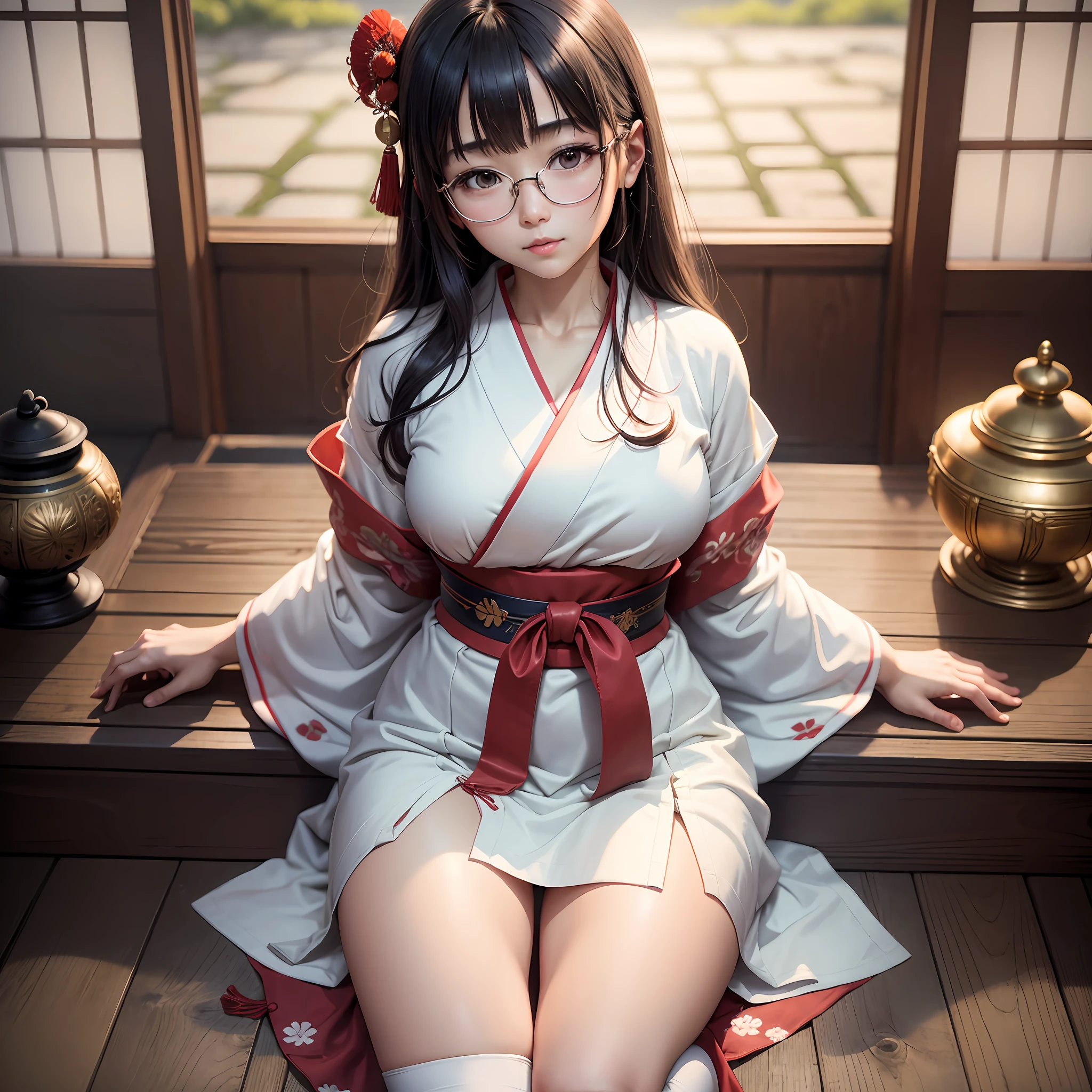 NSFW, 8K Raw Photography, Best Quality, Masterpiece, Ultra HD, Film Grain, filmg, 1girl, Watch Viewer, Natural Skin Texture, Realistic Eye and Face Details,
Japanese. , 1 8 years, 1 person,
Round glasses, occupation is priestess, white kimono, vermilion hakama, wearing white tabi socks,
, Akiko Takase, Kazue Kato, , Aya Takano, Etsuko Miura, Gengee, Tsugumi Oba, Chiho, Rinko Kawaichi, Takeyuki Kanda, 
Height 158 cm, weight 53 kg, bust 83 cm (D cup), waist 61 cm, hips 86 cm, simple priestess,
smooth black hair, bangs,
The place is the main shrine of a large shrine in Japan, lying on the altar, as an offering to the gods, watching the viewer with a smile from the front, solo , full body --auto --s2