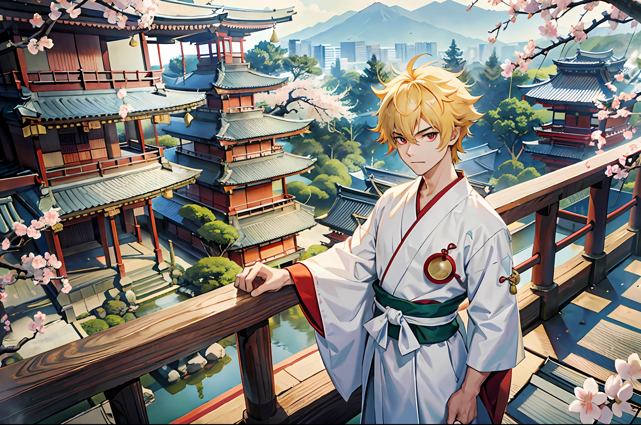 (Representative work: 1.4, highest quality, 8k), (2 boys: 1.6), (blonde spiked hair and red eyes, fox ears and tail: 1.1), (short green hair and big eyes, raccoon ears and tail: 1.2), (Japan Shinto priest, white and light blue hakama: 1.3), cherry blossom viewing on the balcony, background is a temple in Kyoto.