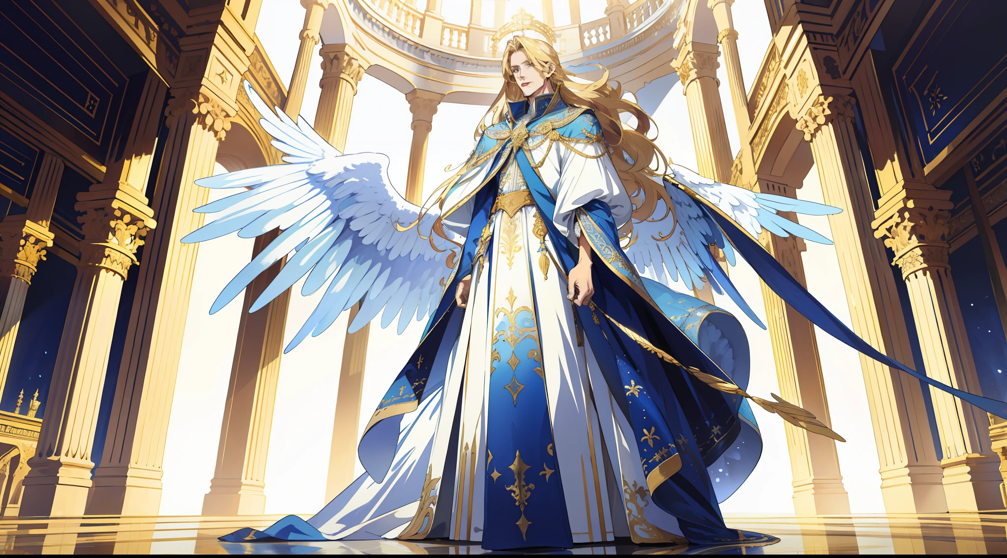 (absurd, high resolution), (panorama) (1 male), middle-aged, long blonde hair, blue and white dress, golden decoration, (tall), 3 pairs of huge wings, broad arms, angels descend, palace, powerful, majestic, intense luster, white-gold dress, beautifully dressed, streamer, behind