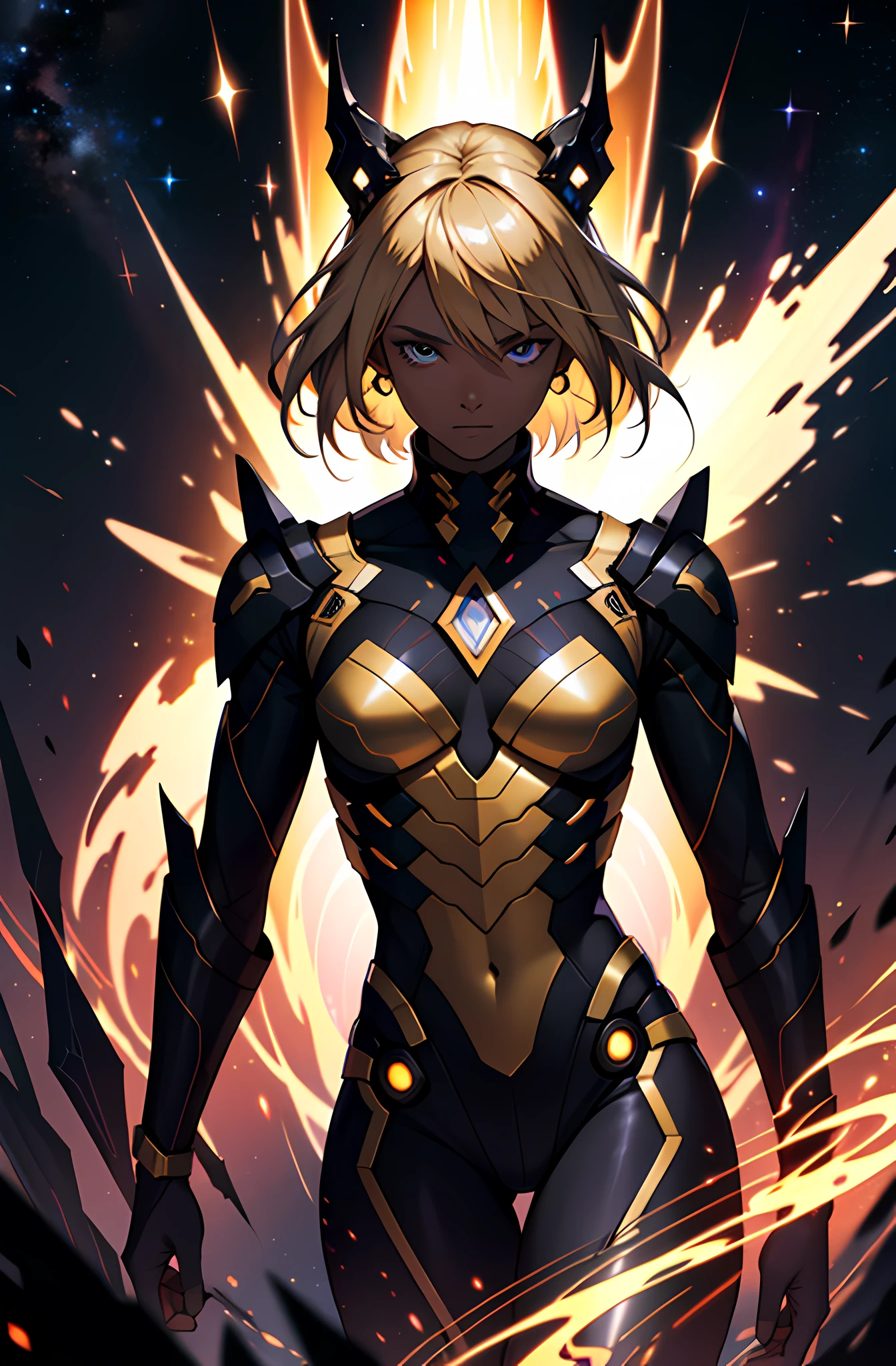 black woman, golden hair, deity, walked on a black hole, background, destroyed galaxy, super nova, with 1 galaxy equal sickle, battle pose, cinematic lighting, side lighting, 16k, UHD, masterpiece, super detail,