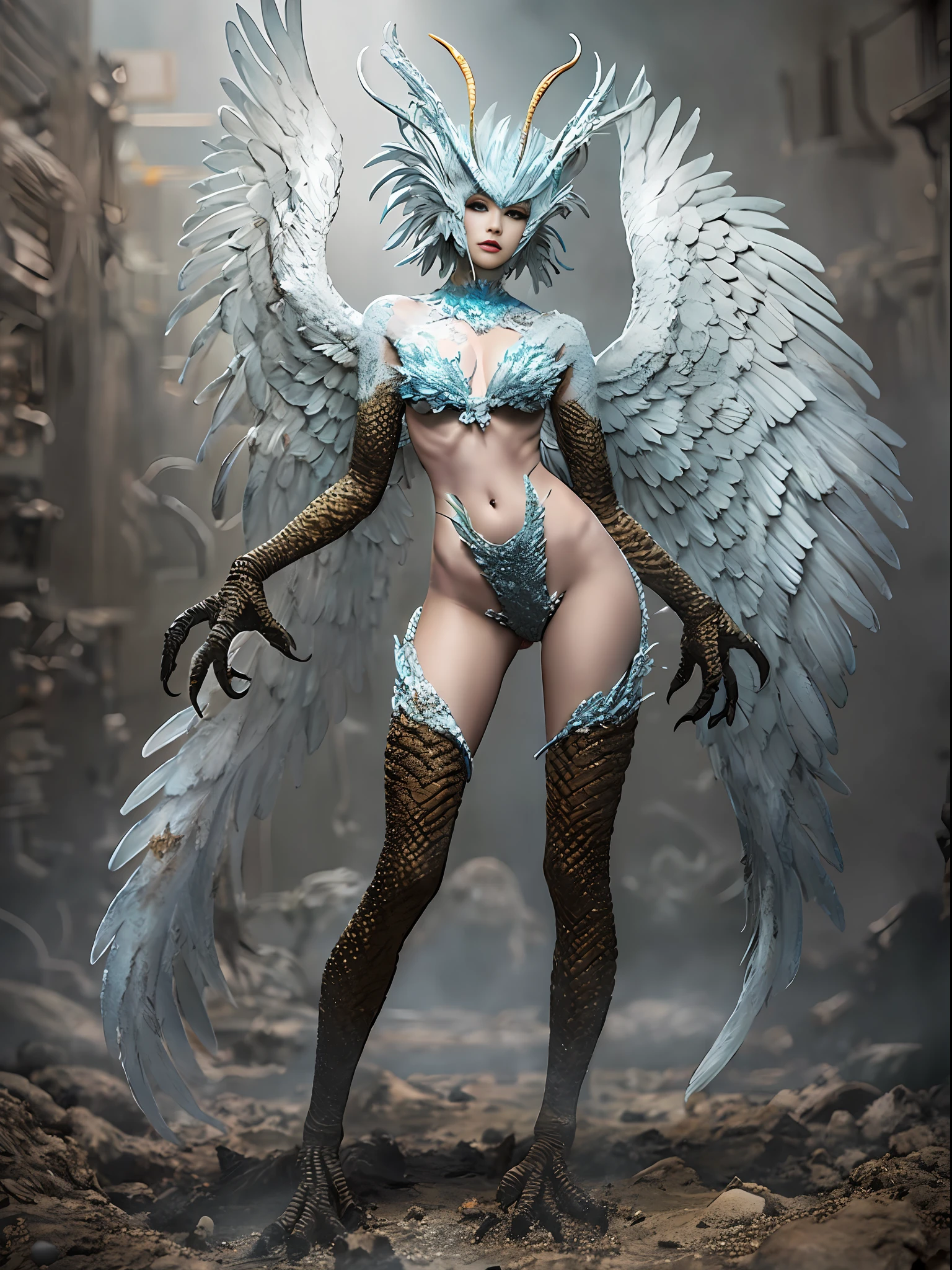 1girl,Standing birdfoot, (anthropomorphic, beauty, sirene, fang, white feathers), ( full body), 8k, (original), cg, skin scales, fracture, masterpiece, realistic photo, original photo, sfw, dirty (0.8), (blood: 0.7), (super detailed), sharply focused, pastel colors, 8k, 8mm, shiny, gel particles, war photography,
