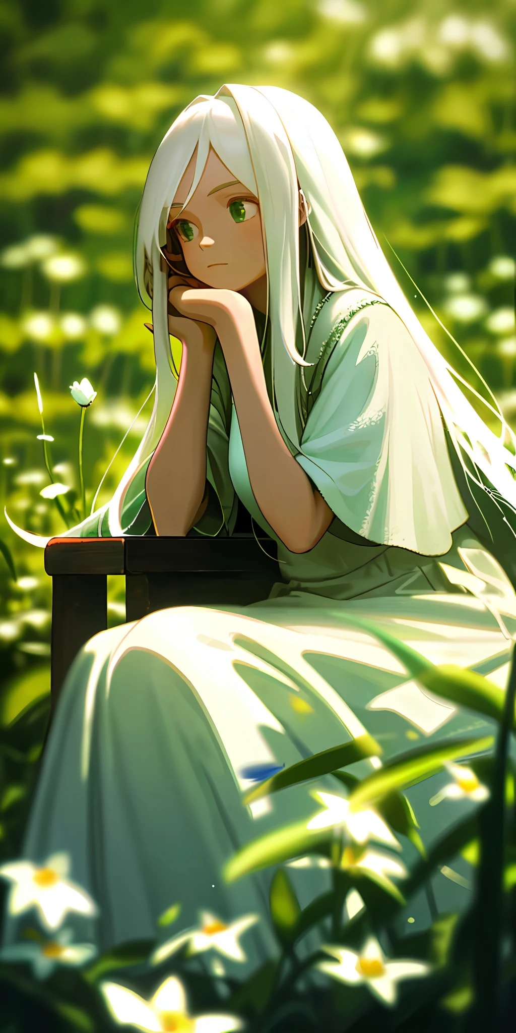 (masterpiece, best quality),1girl with long white hair sitting in a field of green plants and flowers, her hand under her chin, warm lighting, white dress, blurry foreground
