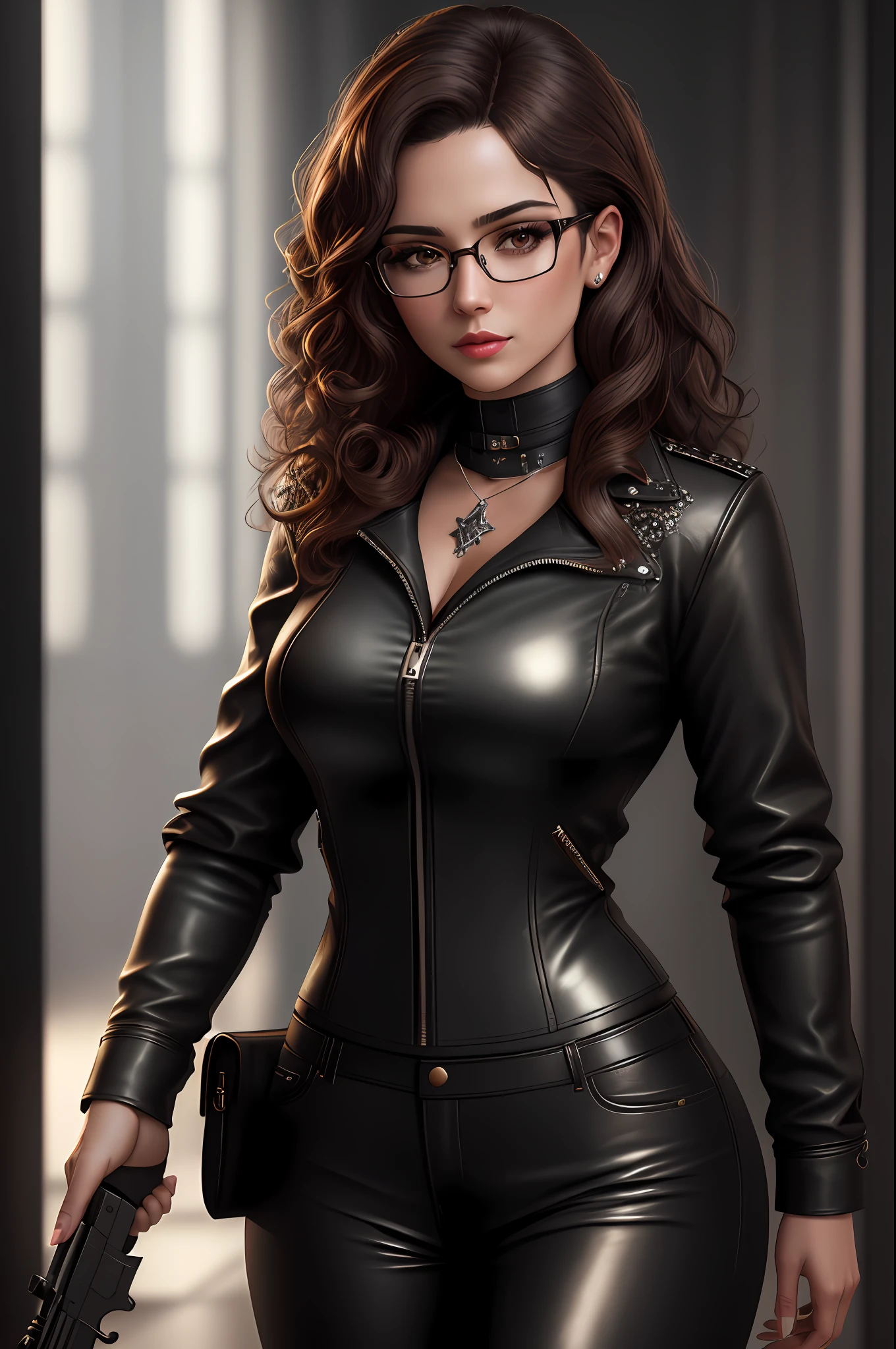 Elegant woman with medium curly brown hair, brown eyes, wearing prescription glasses,and holding a gun,thin face, wearing modern clothing, black leather jacket, blouse with neckline, leather pants, gothic style, masterpiece, best quality, highest quality, cinematic lighting, (volumetric lighting), extremely detailed CG 8k wallpaper unit, focused, 8k wallpaper, 4k wallpaper, extremely detailed, ultra realistic, photorealistic, sharp focus, absurd, (HDR: 1.2), (high contrast), photography, detailed and intricate, instagram, portrait, highly detailed, digital painting, artstation, concept art, smooth, sharp focus, illustration, cinematic lighting,