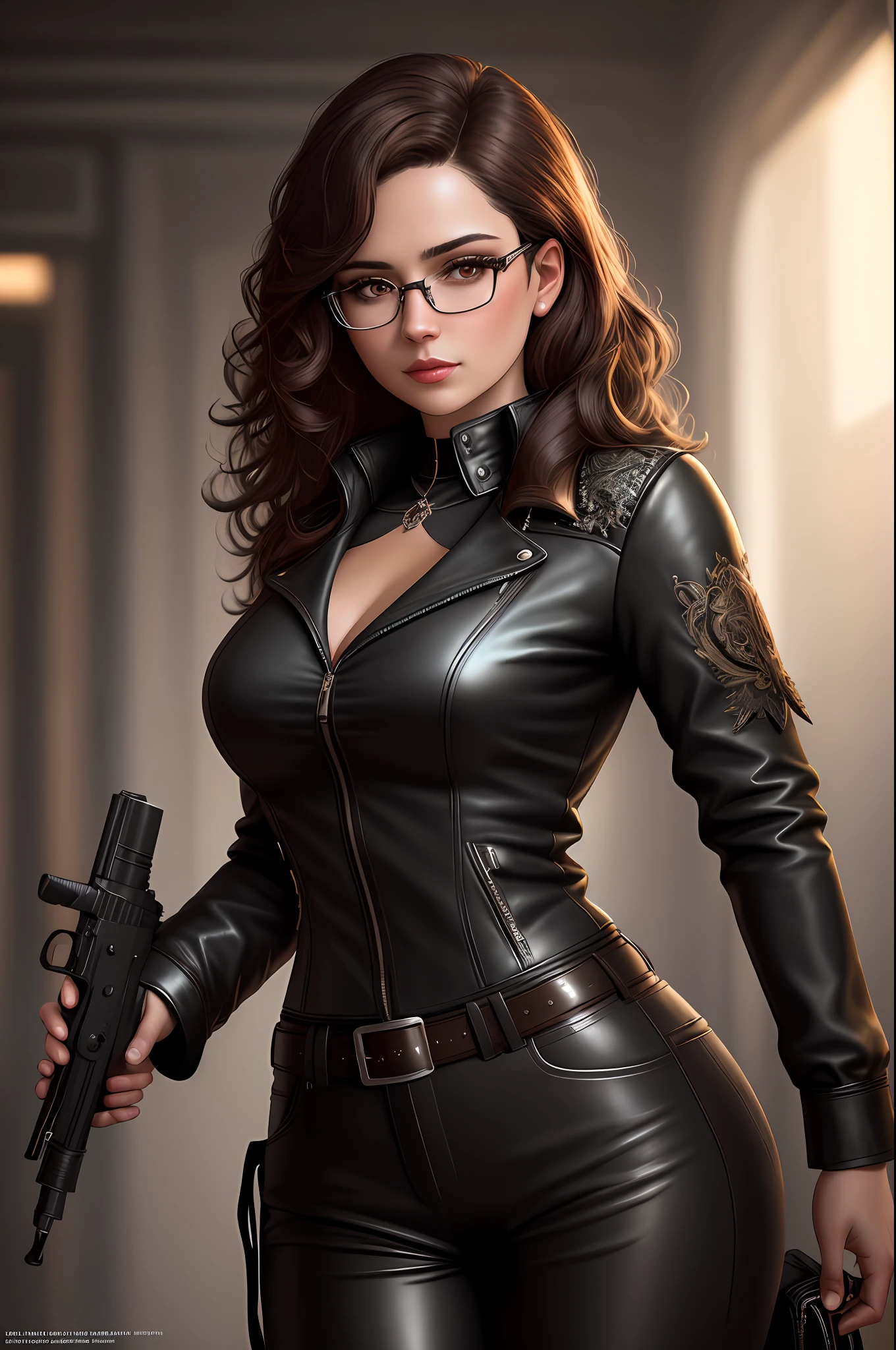 Elegant woman with medium curly brown hair, brown eyes, wearing prescription glasses,and holding a gun,thin face, wearing modern clothing, black leather jacket, blouse with neckline, leather pants, gothic style, masterpiece, best quality, highest quality, cinematic lighting, (volumetric lighting), extremely detailed CG 8k wallpaper unit, focused, 8k wallpaper, 4k wallpaper, extremely detailed, ultra realistic, photorealistic, sharp focus, absurd, (HDR: 1.2), (high contrast), photography, detailed and intricate, instagram, portrait, highly detailed, digital painting, artstation, concept art, smooth, sharp focus, illustration, cinematic lighting,
