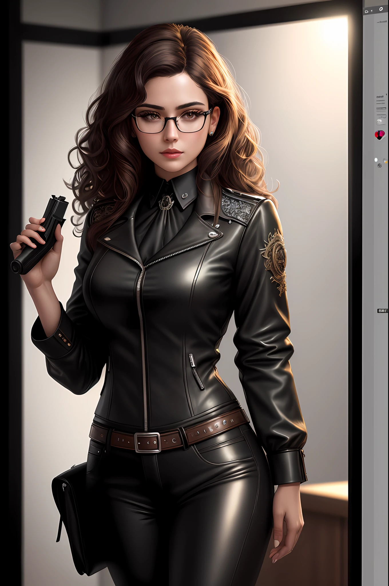 Elegant woman with medium curly brown hair, brown eyes, wearing prescription glasses,and holding a gun,thin face, wearing modern clothing, black leather jacket, blouse with neckline, leather pants, gothic style, masterpiece, best quality, highest quality, cinematic lighting, (volumetric lighting), extremely detailed CG 8k wallpaper unit, focused, 8k wallpaper, 4k wallpaper, extremely detailed, ultra realistic, photorealistic, sharp focus, absurd, (HDR: 1.2), (high contrast), photography, detailed and intricate, instagram, portrait, highly detailed, digital painting, artstation, concept art, smooth, sharp focus, illustration, cinematic lighting,
