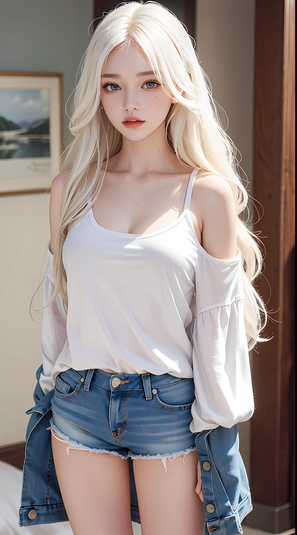 photorealistic, high resolution, 1 girl, white wavy hair, korean, heterochromia eyes, small mole below eye, loose white shirt, tight jean shorts, large breast, large thighs, panty visible