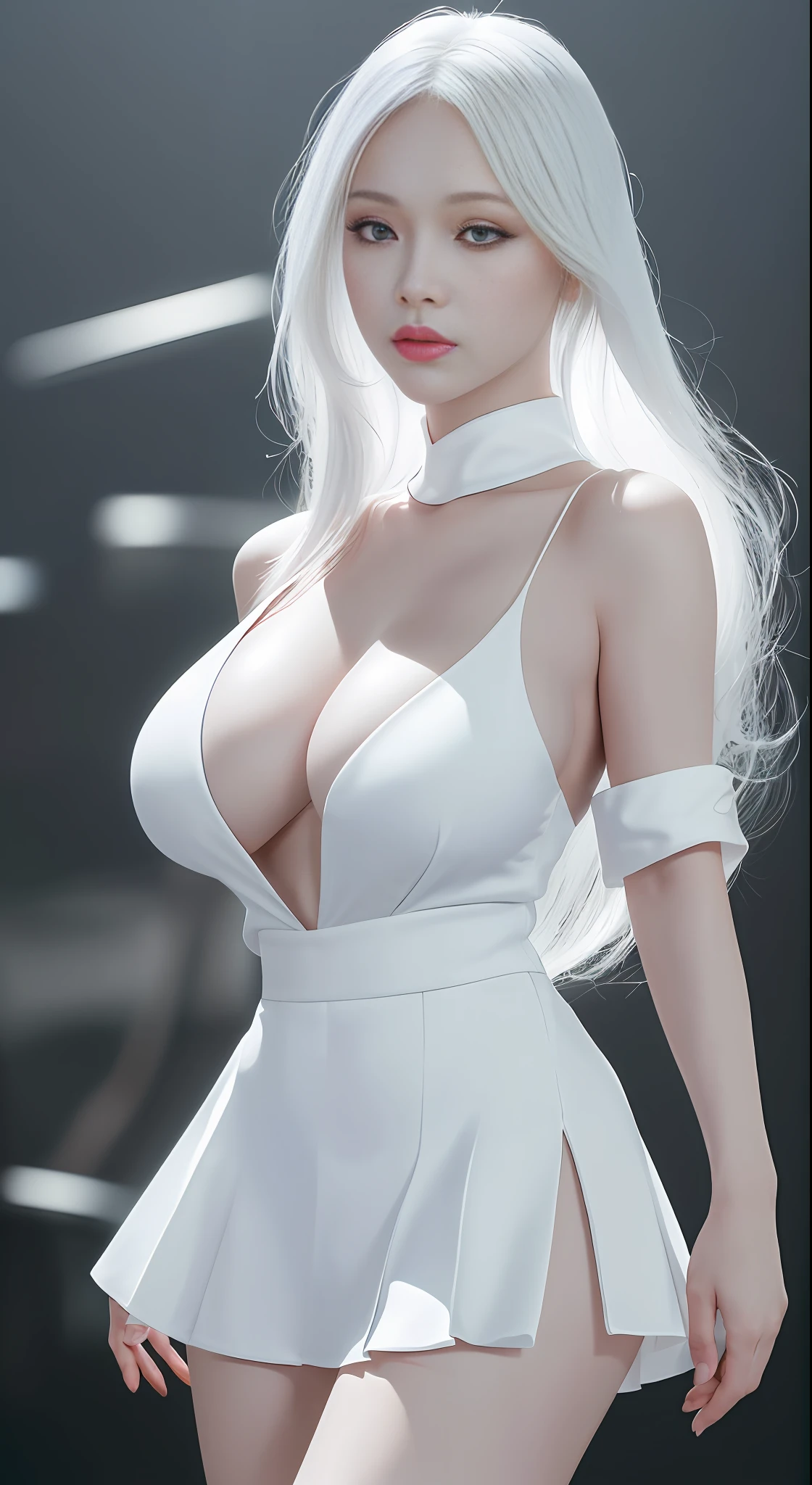 ultra high portrait of full body beautiful jav young albino woman , (Best quality, 8k, 32k, ultra high Masterpiece, UHD:1.2), 1girl, (huge breasts:1.2), ultra high perfect body), (white transparent super shirt :1.2), ultra high detailed face, ultra high detailed lips, ultra high detailed eyes, double eyelid, (ultra highest realistic:1.3), ultra high resolution), (ultra high realism photorealistic), (Best Quality), (ultra high realistic), (ultra-high-photo-realistic:1.37), (ultra high whitened skin), (ultra high perfect beautiful) (medium hair),(ultra high detailed legs), visible stomach, (1 woman), white transparent Korean mini skirt slit the edge to the waist, visible bust breast, up skirt, visible panties, visible waist, visible thight, visible tummy, huge cleavage,