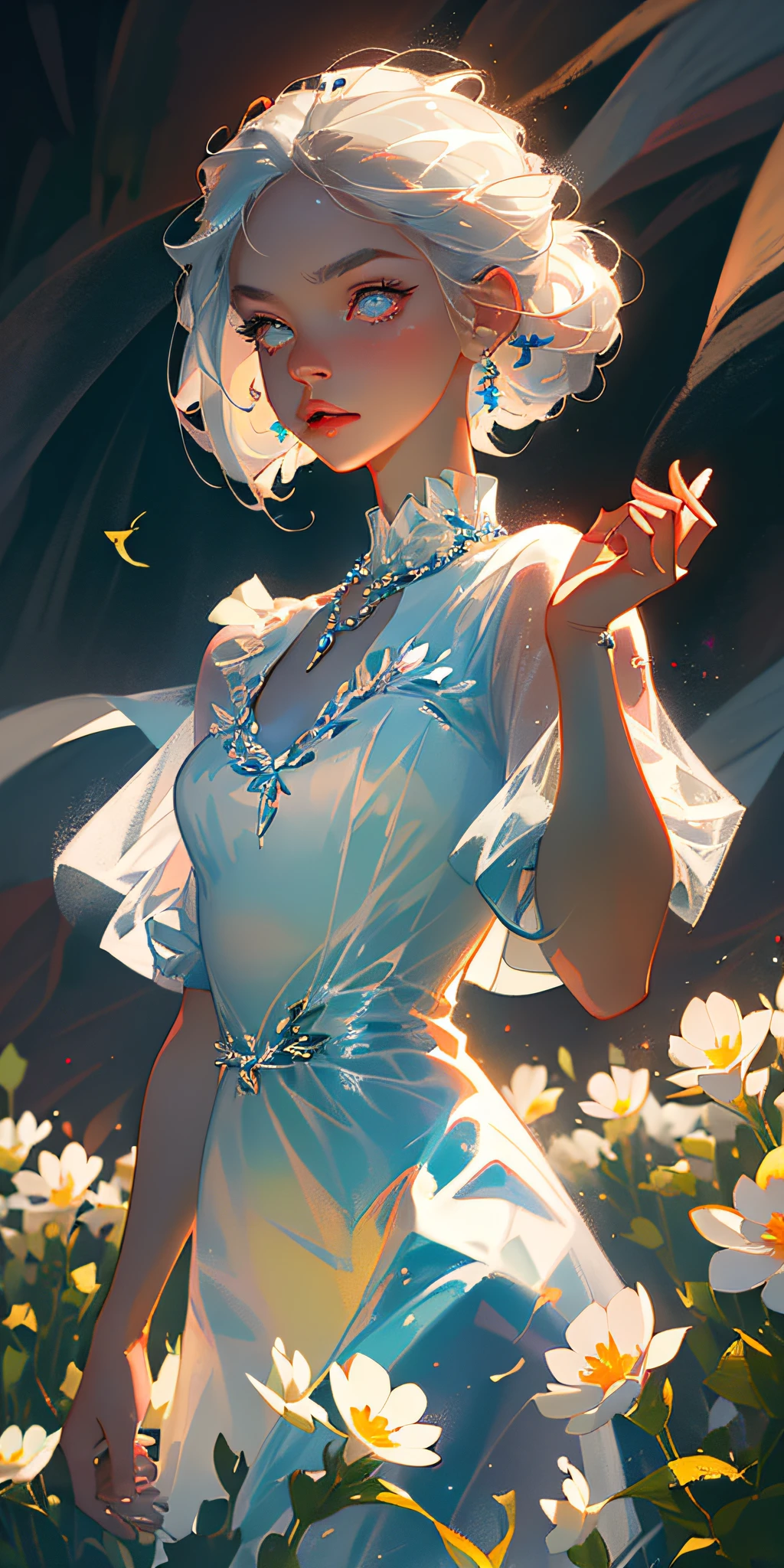 (best quality, masterpiece), 1 girl, pose, particle, wind, flower, upper body, simple background, look at the viewer, focus on face, silver hair, silver eyes, necklace, loose hair, white dress, white pupils