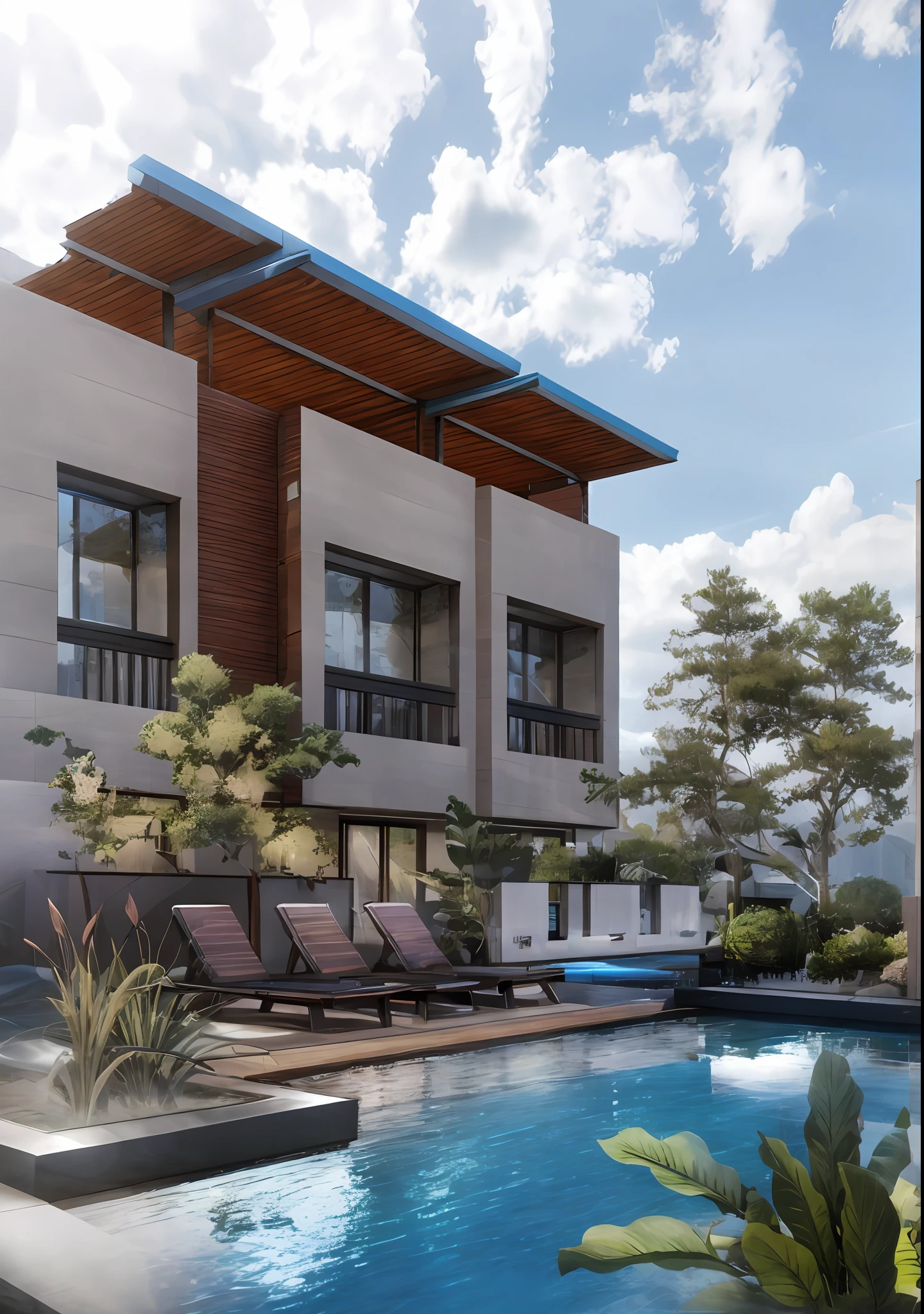 a beautiful render of a villa with a pool and lounge chairs, modern architectural, villa exterior, modern facade, shading on top, by Warren Mahy, clean ink detailed line drawing, by Max Buri, architectural rendering, by Hugh Hughes, corona render, a modern villa with pool, glass window, beautiful photo, Realistic render, edge and line enhance, sharpener, octane render, ray tracing, 16k, ultra HD, Amazing beautiful casa moderna, perspective view, architectural scene, concrete structure exterior, 2 point perspective view, architectural photography, tropical house, ray tracing, striped arrangements, wide angle, cloud, tree, blue sky, city, real world location (Image Sharpener:0.7) brutalism, house, outdoors, day,best quality, realistic, photorealistic,ultra detailed,16K,High quality texture,intricate details,detailed texture,finely detailed,photo of building , pixels perfect, sharpen edge, edges sharpener --auto --s2