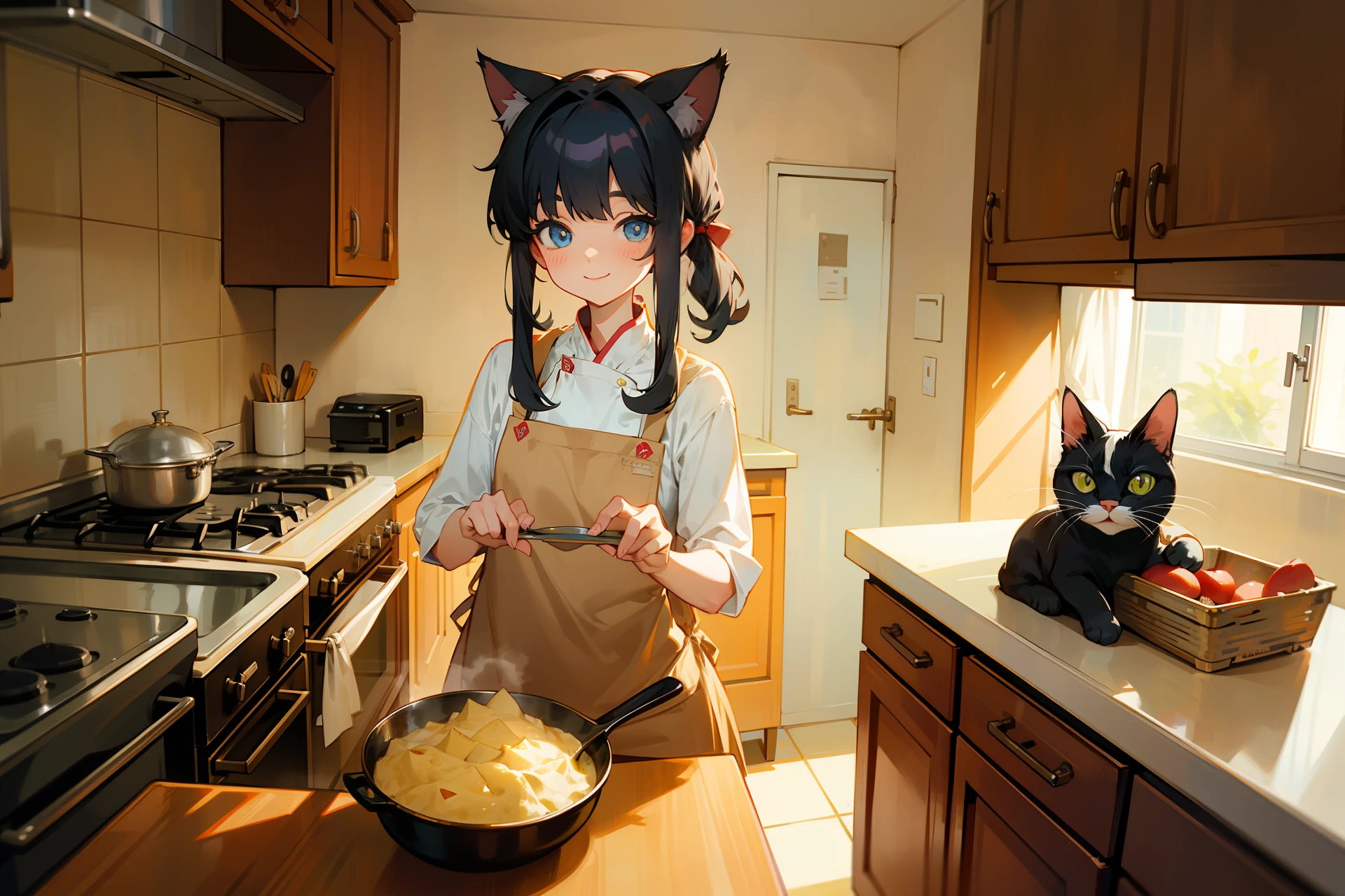 Two three-haired cat person cooking, detailed kitchen background, and happy atmosphere