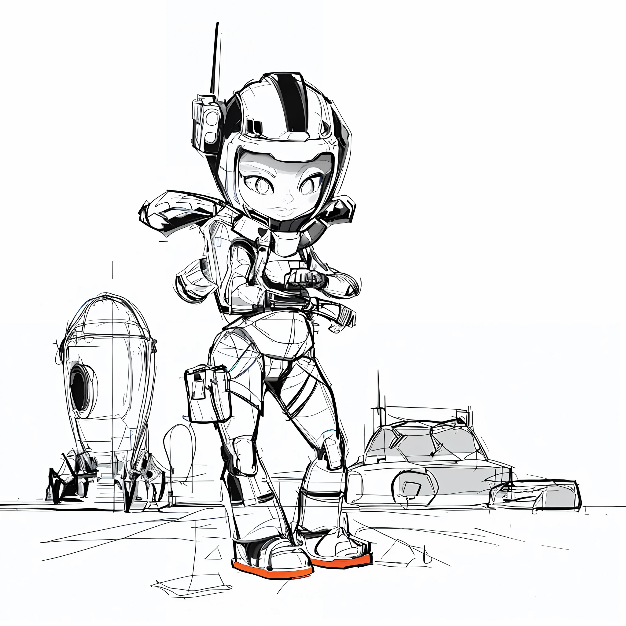 A girl in a helmet, in a spacesuit, masterpiece, best quality, high quality, extremely detailed CG unity 8k wallpaper, artist's line drawing, black and white,