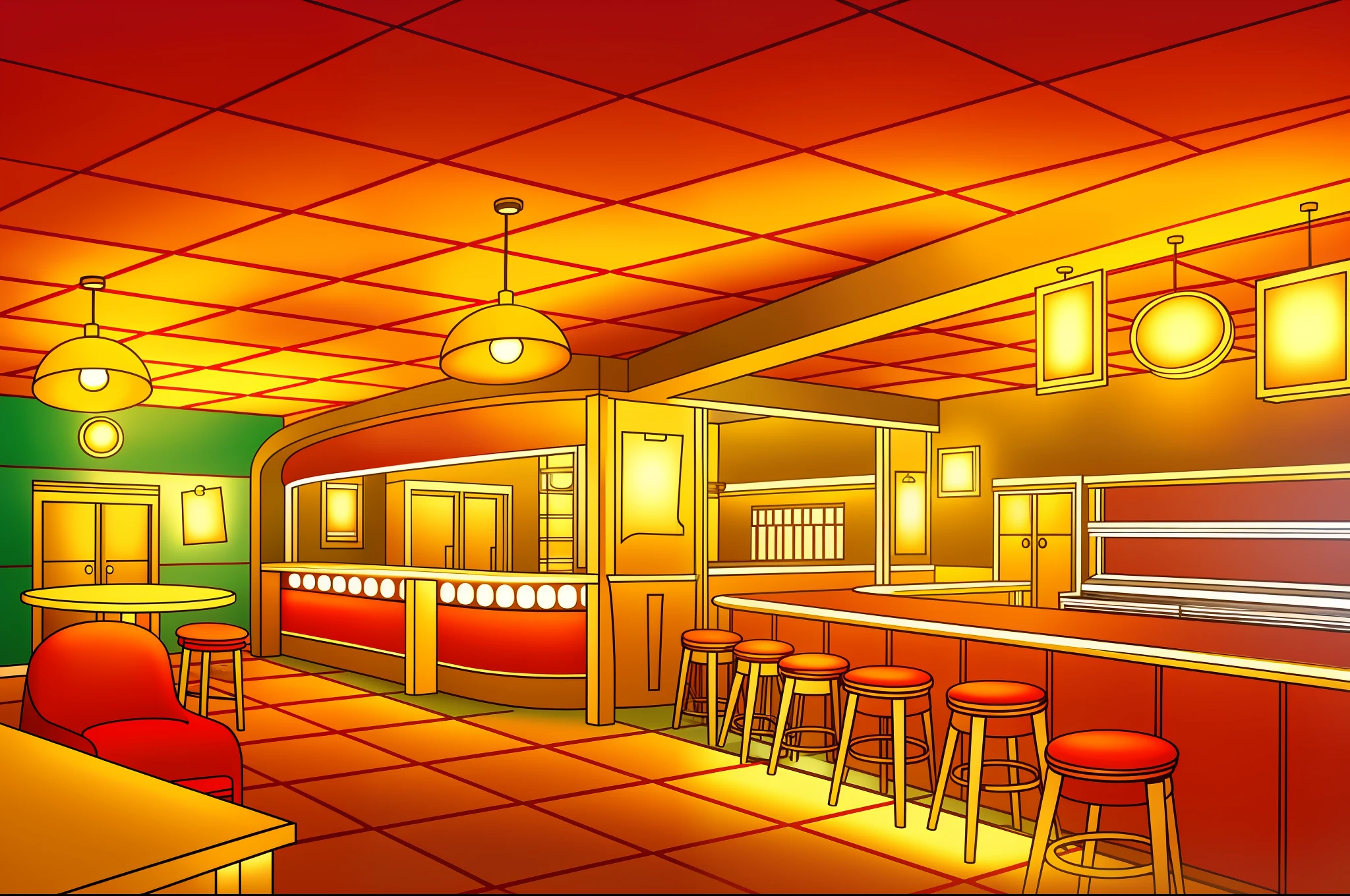drawing of a kitchen with stools, an illustration of a bar/lounge, detailed an empty jazz café, viva.digital 2d, architectural drawing, inside a bar, dining background, inspired by Howard Arkley, in classic dining, drawn in the style of mark arian, surreal plan, in pop style - art