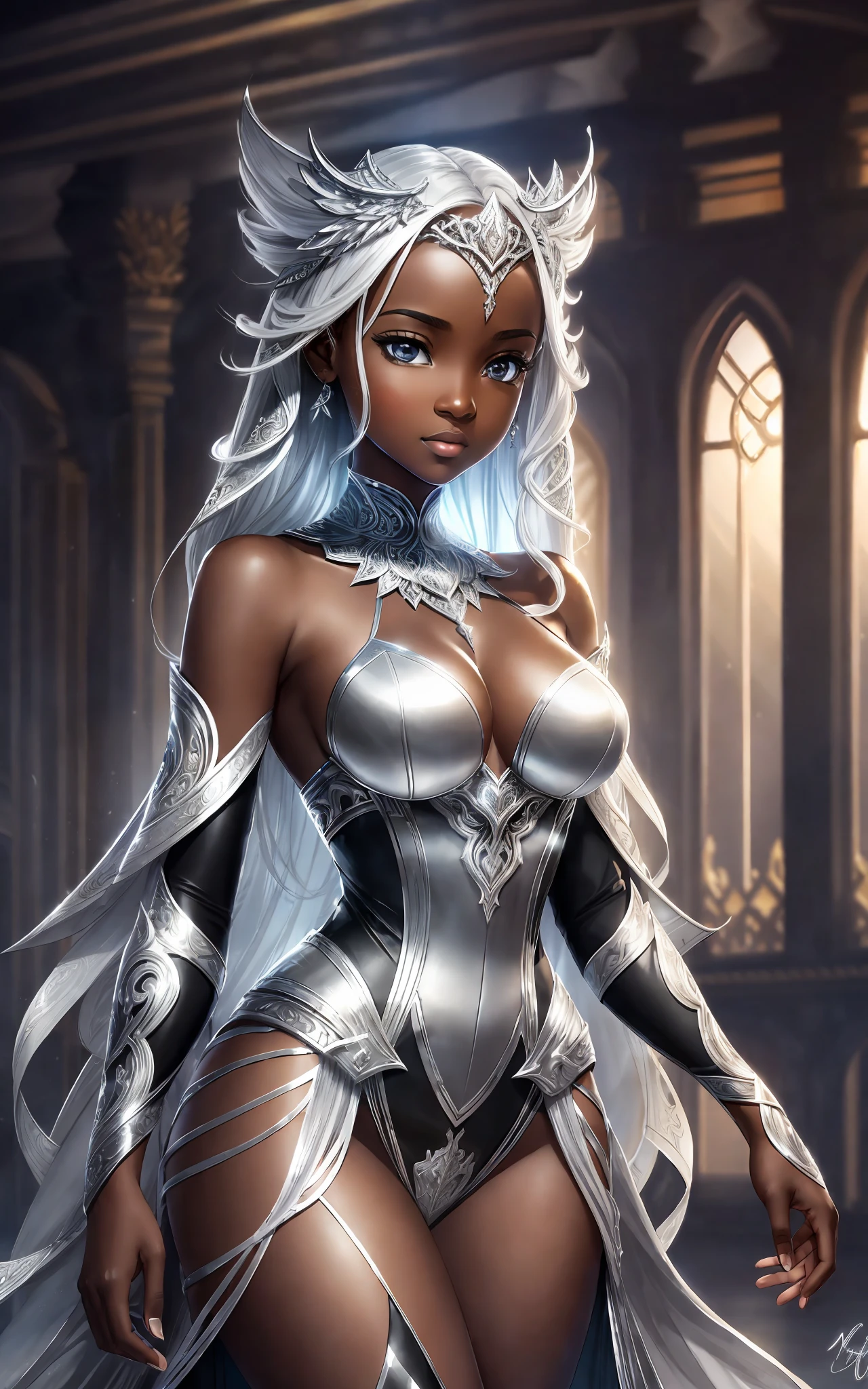 award winning 64k concept art of (black 1girl:1.2) in white majestic open dress standing proudly on the ship, posing, epic, god rays, centered, upper body, (masterpiece:1.2), (best quality:1.2), Amazing, highly detailed, beautiful, finely detailed, warm soft color grading, Depth of field, extremely detailed 64k, fine art, stunning, iridescent, shiny, (light reflections:1.2), (crisp:1.5), silver curls, storm, vibrant, sunlit, (edge detection:1.2), absurdres, impressive, 120mm, outlining, wide thighs