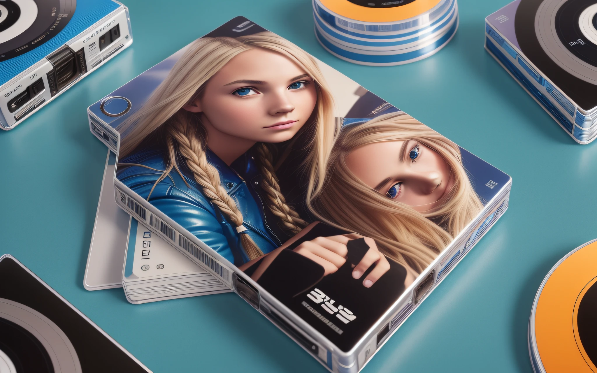 3 BLONDE GIRLS LONG HAIR BRAIDS KIDS BLUE LEATHER JACKET , A closeup of a CD and a CD box on a table, Packshot, CDs, CD Jacket, DVD Package, Medium Close Shot, Detailed Product Image, Medium Wide Shot, Medium Closeup, Close Medium Shot, New Boards of Canada album cover, soft vinyl, round format, Boards of Canada album cover, BLU - Ray Transfer 5 K, Fujifilm"