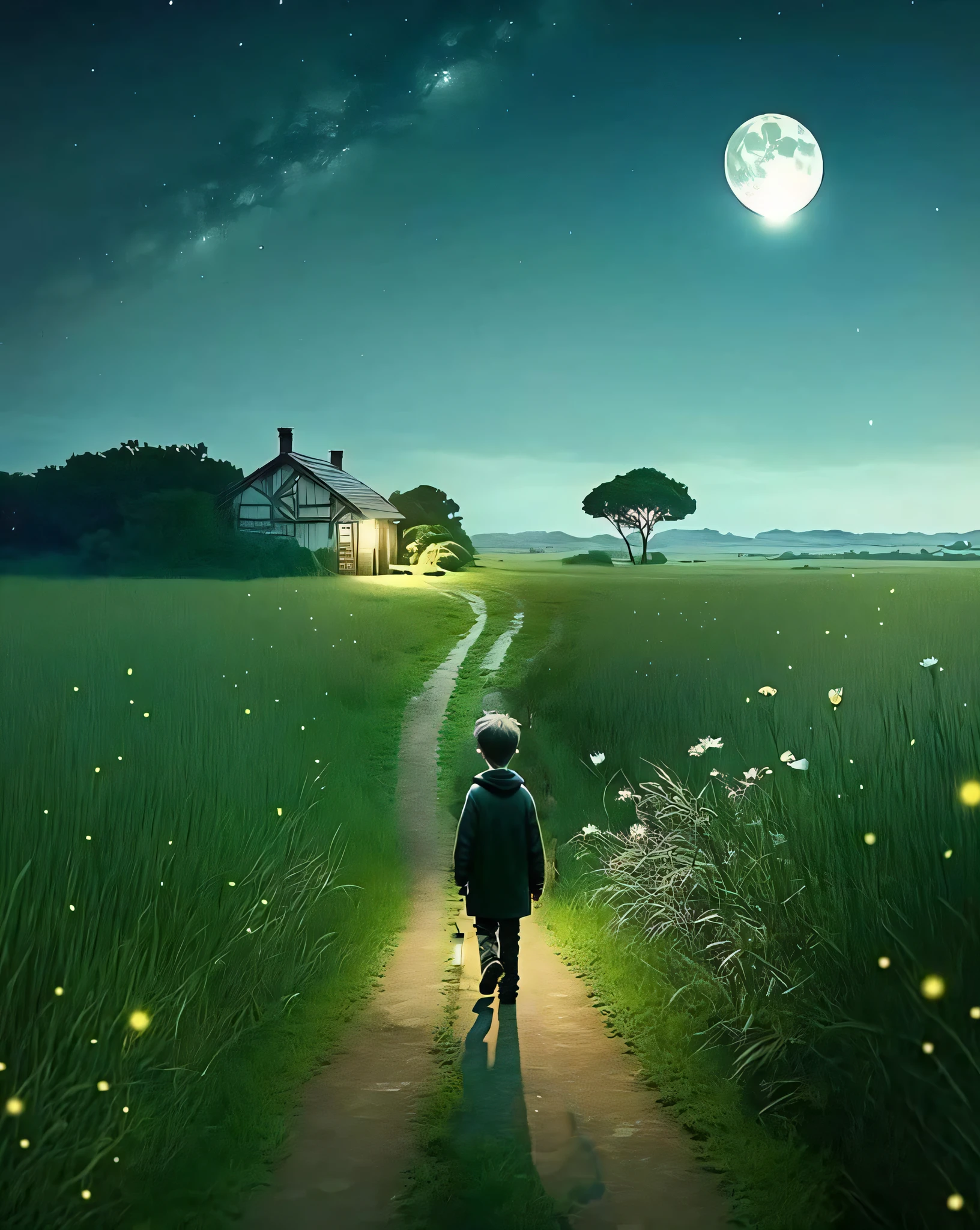 there is a boy walking down a path towards a house, walking towards the full moon, at night with moon light, at night with full moon, very beautiful photo, amazing wallpaper, the glow of the moonlight, moonlit night dreamy atmosphere, walking in the moon, in the moonlight, beautiful moonlight night, awesome greate composition, very magical and dreamy