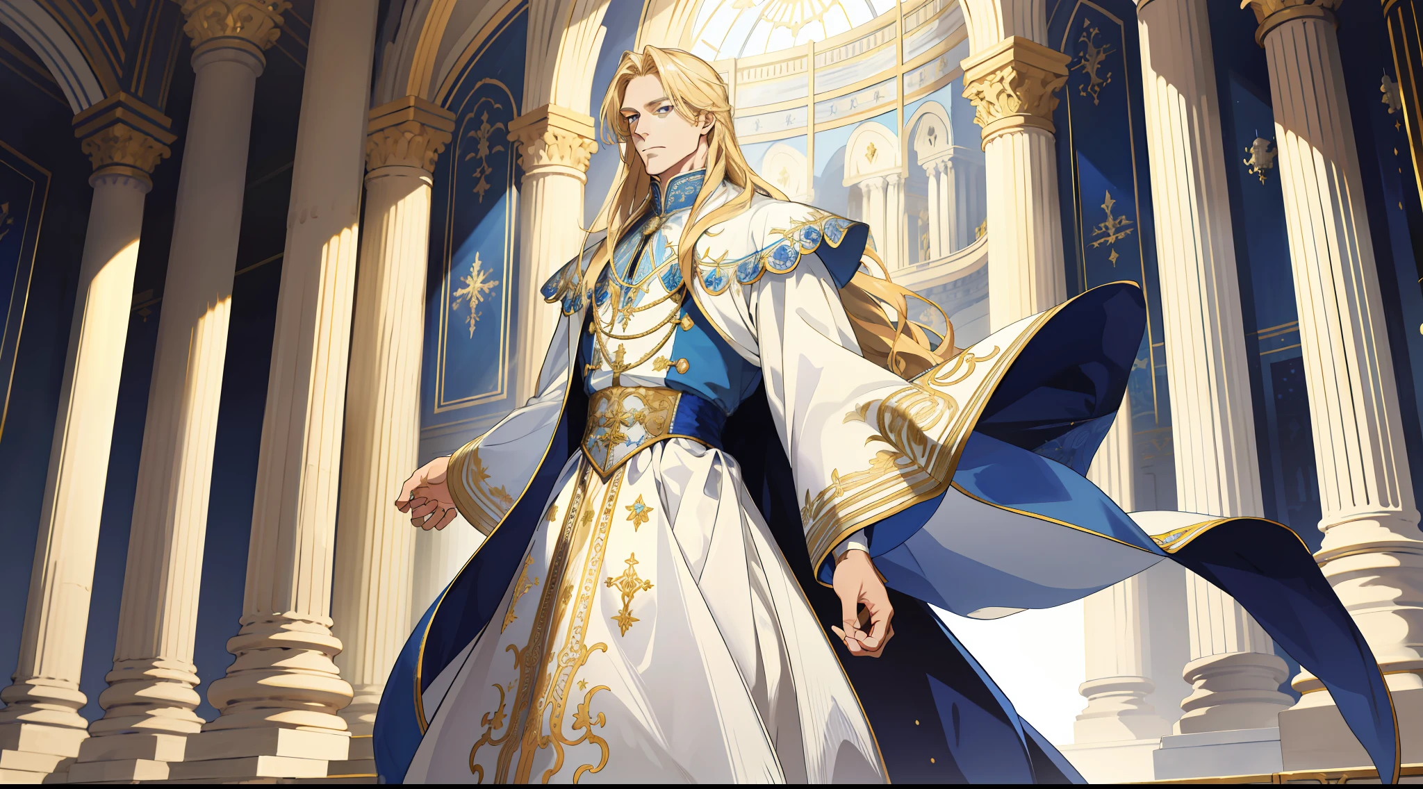 (absurd, high resolution), super detail, ccurate, face detail presentation, (1 male), middle aged, long blonde hair, blue and white dress, golden decoration, (tall), broad arms, palace, powerful, majestic, intense luster, white gold dress, fine clothes, streamer, behind