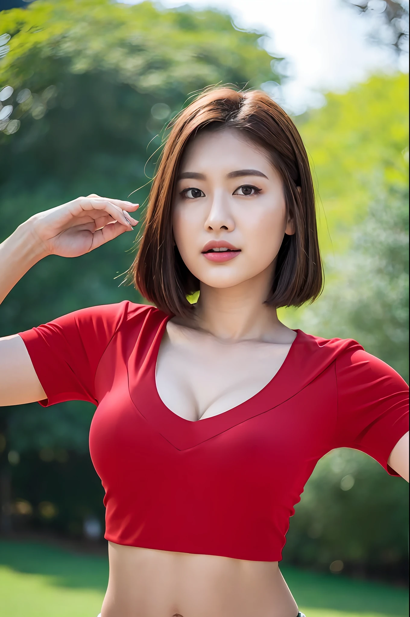 30 years old woman, milf, RAW photo,bokeh (photorealistic:1.4, realistic), highly detailed CG unified 8K wallpapers, 1girl, ((thick body:0.7)), (clevage, huge breasts:1.2), looking at viewer, ((straight from front)), (HQ skin:1.4), 8k uhd, dslr, soft lighting, high quality, film grain, Fujifilm XT3, ((((full body:0.8)))), ((red crop t-shirt)), (((outdoor, at park))) kameaam