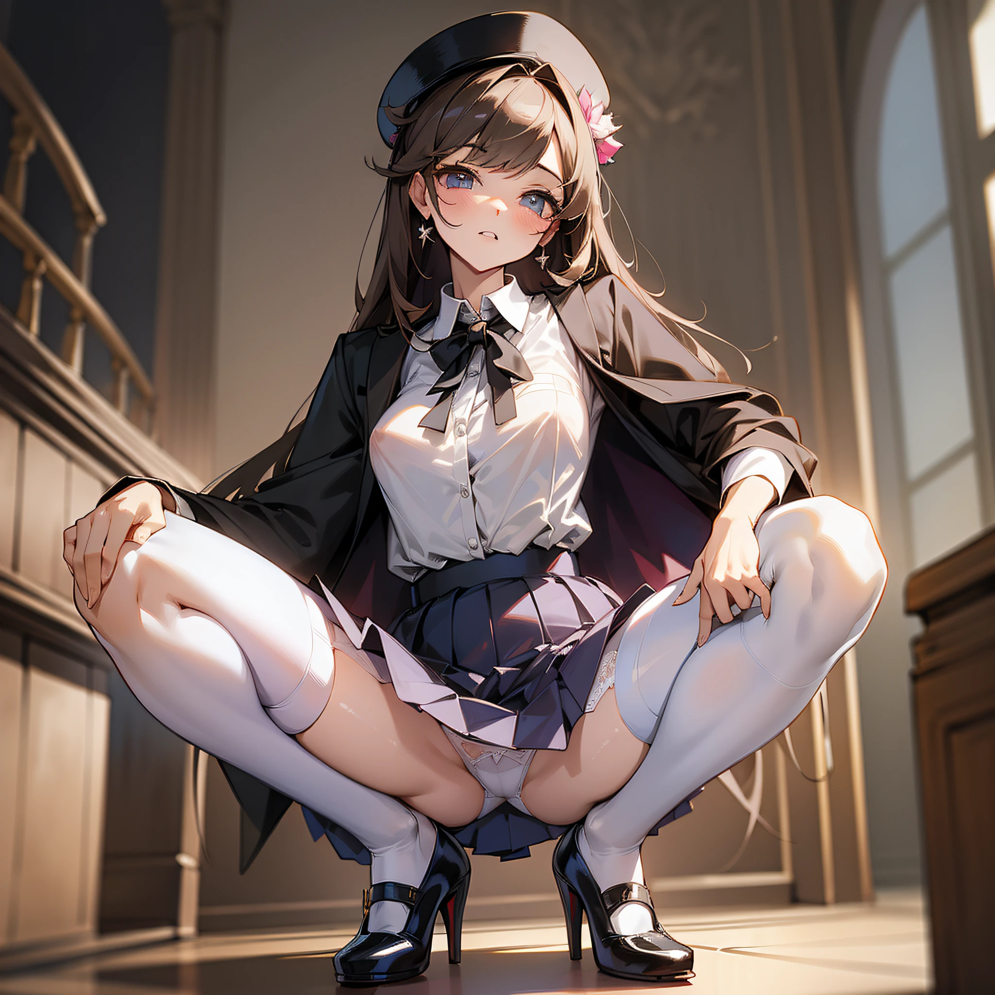 ((Best Quality)), ((Masterpiece)), Skirt, Shirt, Puffy Nipple, Full Body, Squat, Pin Heels, Crotch Open, Garter Belt, Teacher