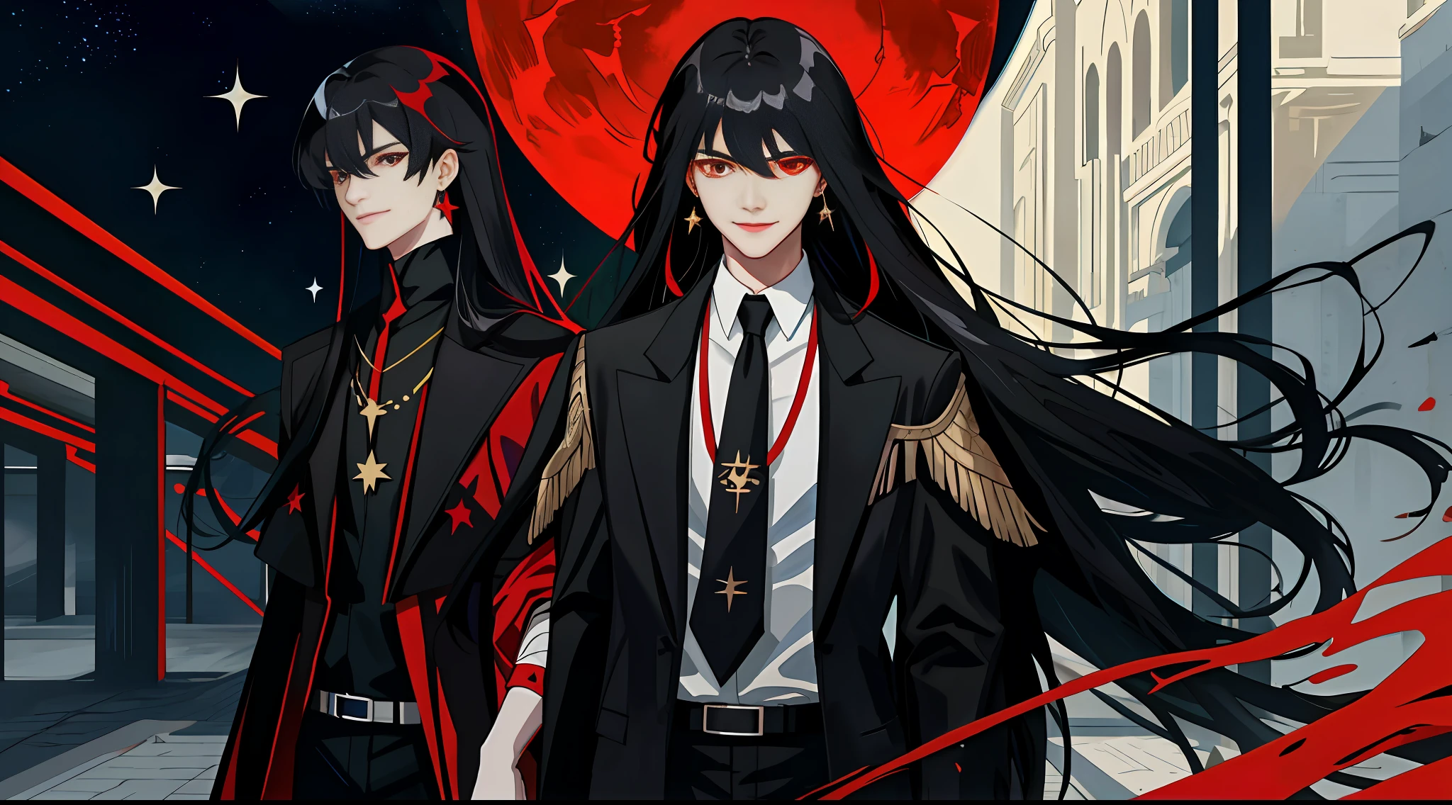 Modern architecture, red eyes, black hair, bangs, cold eyes, sides, long straight hair, splashed blood, smile, murderer, backlight, starry sky, European corridor, handsome clothes, star earrings