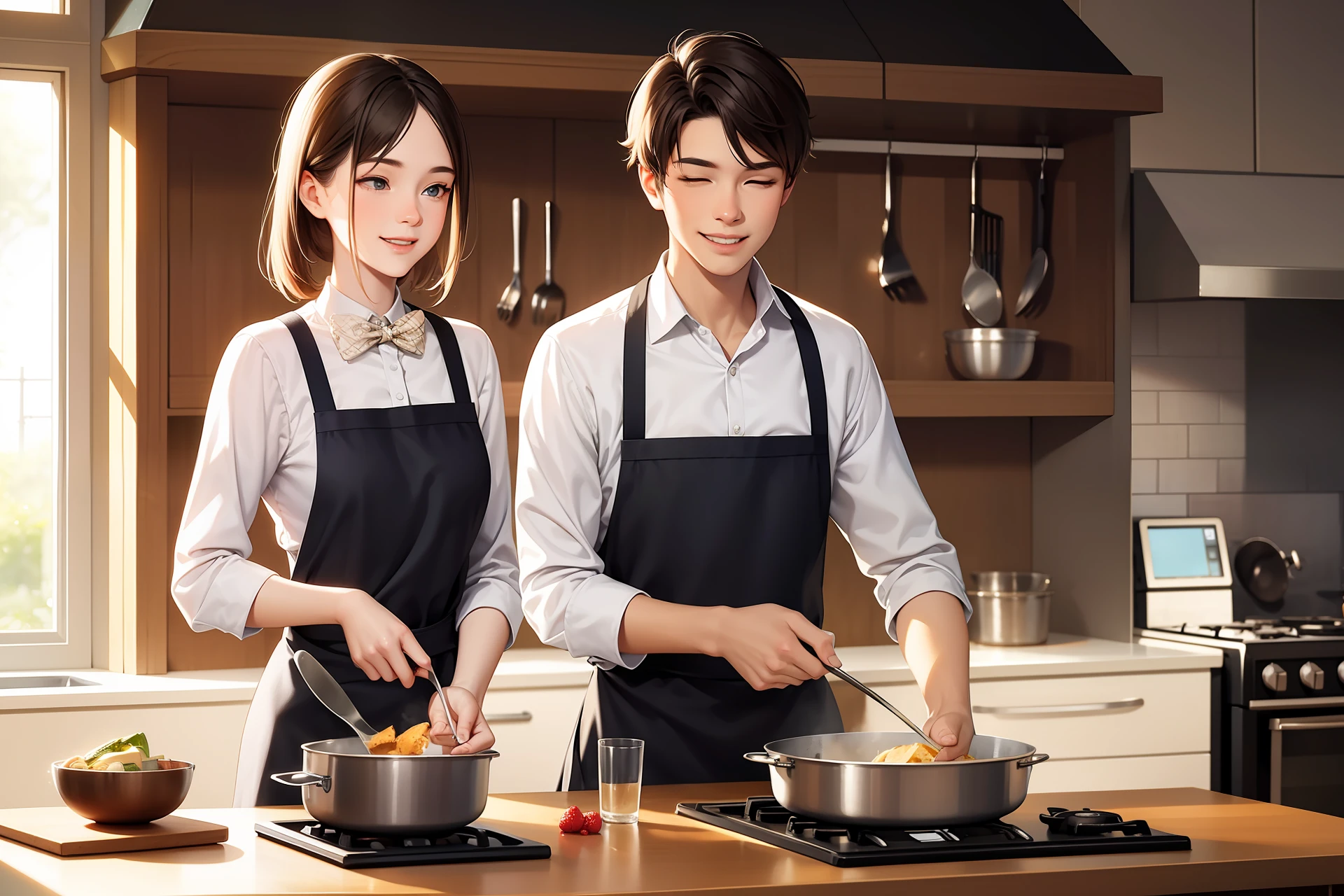Two cat person on cooking, detailed kitchen background, and happy atmosphere