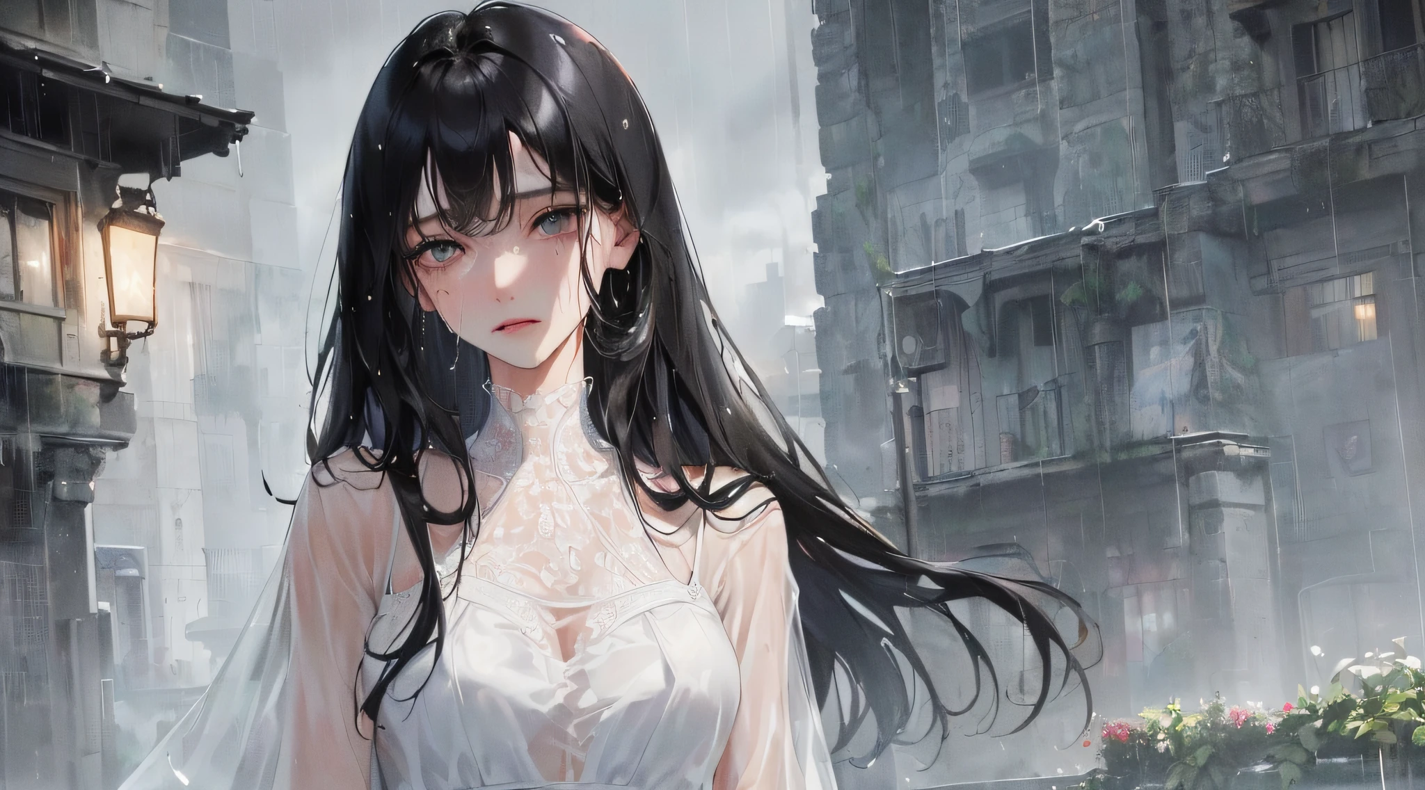 (highest resolution, distinct_image) Best quality, ((((1 woman))), masterpiece, very detailed, semi-realistic, wet black hair, straight hair, expressionless, bangs, night, rain, 21 years old, mature, young, wet white dress, outdoors, delicate facial features, facial features, mid-shot,