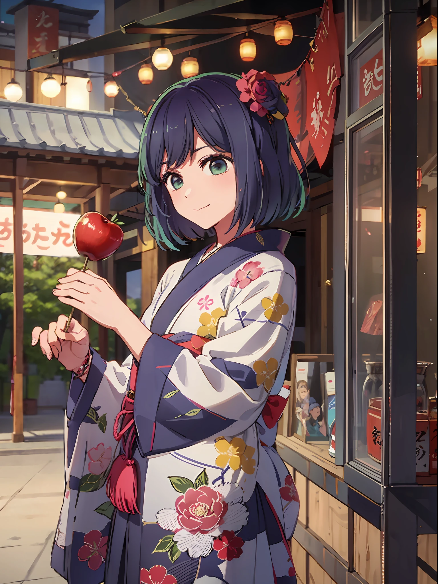 Shy face, holding apple candy, stall, date, yukata, festival, (fireworks: 1.5), geta, looking at the viewer, shrine, smiling,