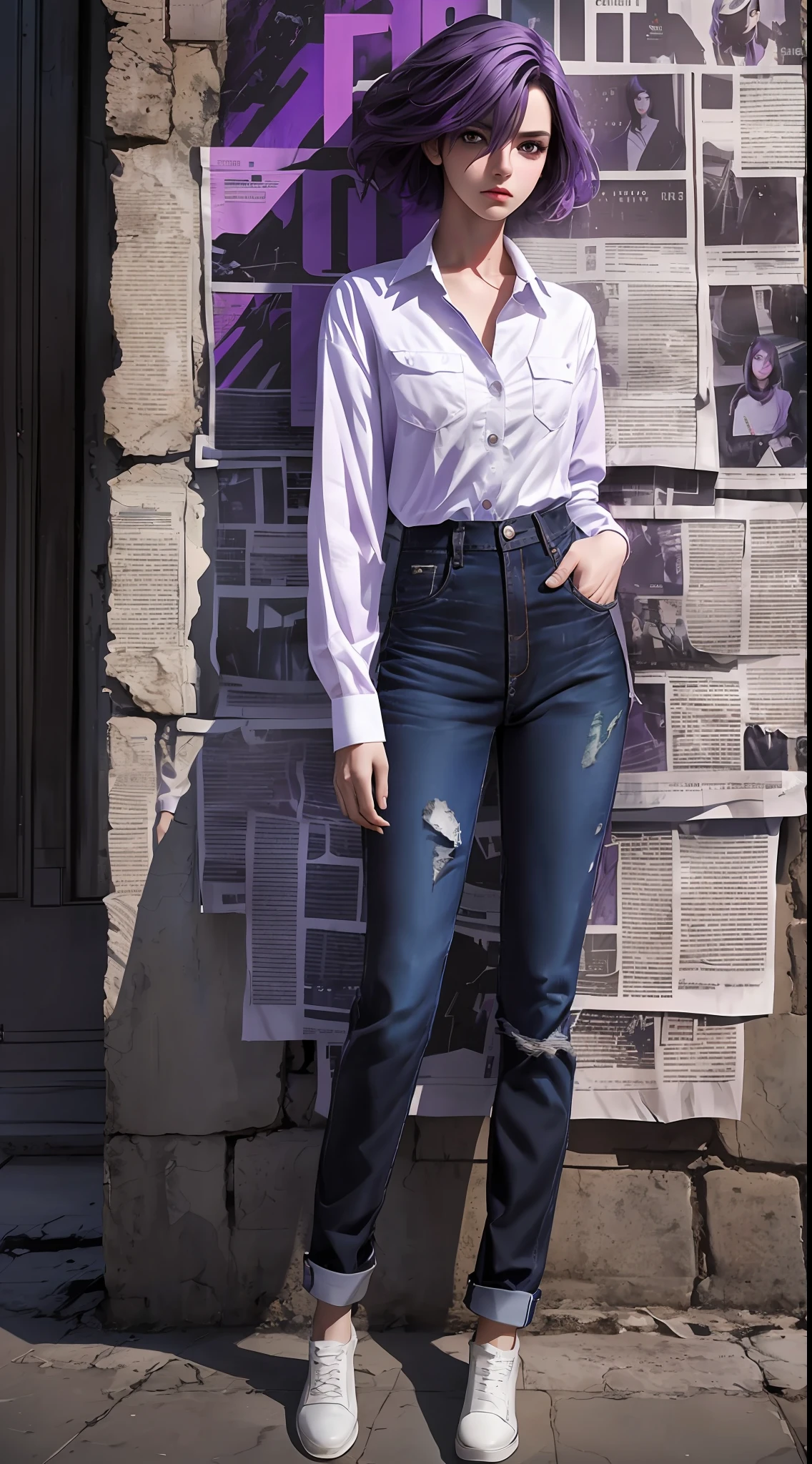 A girl standing in front of a wall with newspaper pasted on it, purple hair, facial focus, black eyes, witty and beautiful facial features, white shirt, jeans, dynamic pose, HDR, detailed details, fashion, cinematic light, detailed clothing texture, black crow