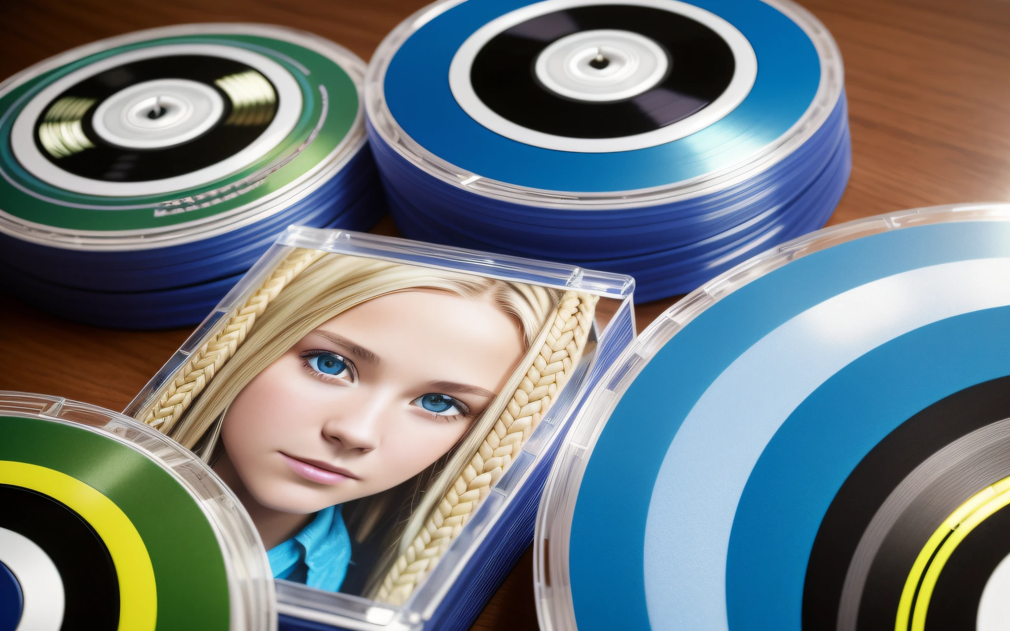 3 BLONDE GIRLS LONG HAIR BRAIDS KIDS BLUE LEATHER JACKET , A closeup of a CD and a CD box on a table, Packshot, CDs, CD Jacket, DVD Package, Medium Close Shot, Detailed Product Image, Medium Wide Shot, Medium Closeup, Close Medium Shot, New Boards of Canada album cover, soft vinyl,  round format, Boards of Canada album cover, BLU - Ray Transfer 5 K, Fujifilm"