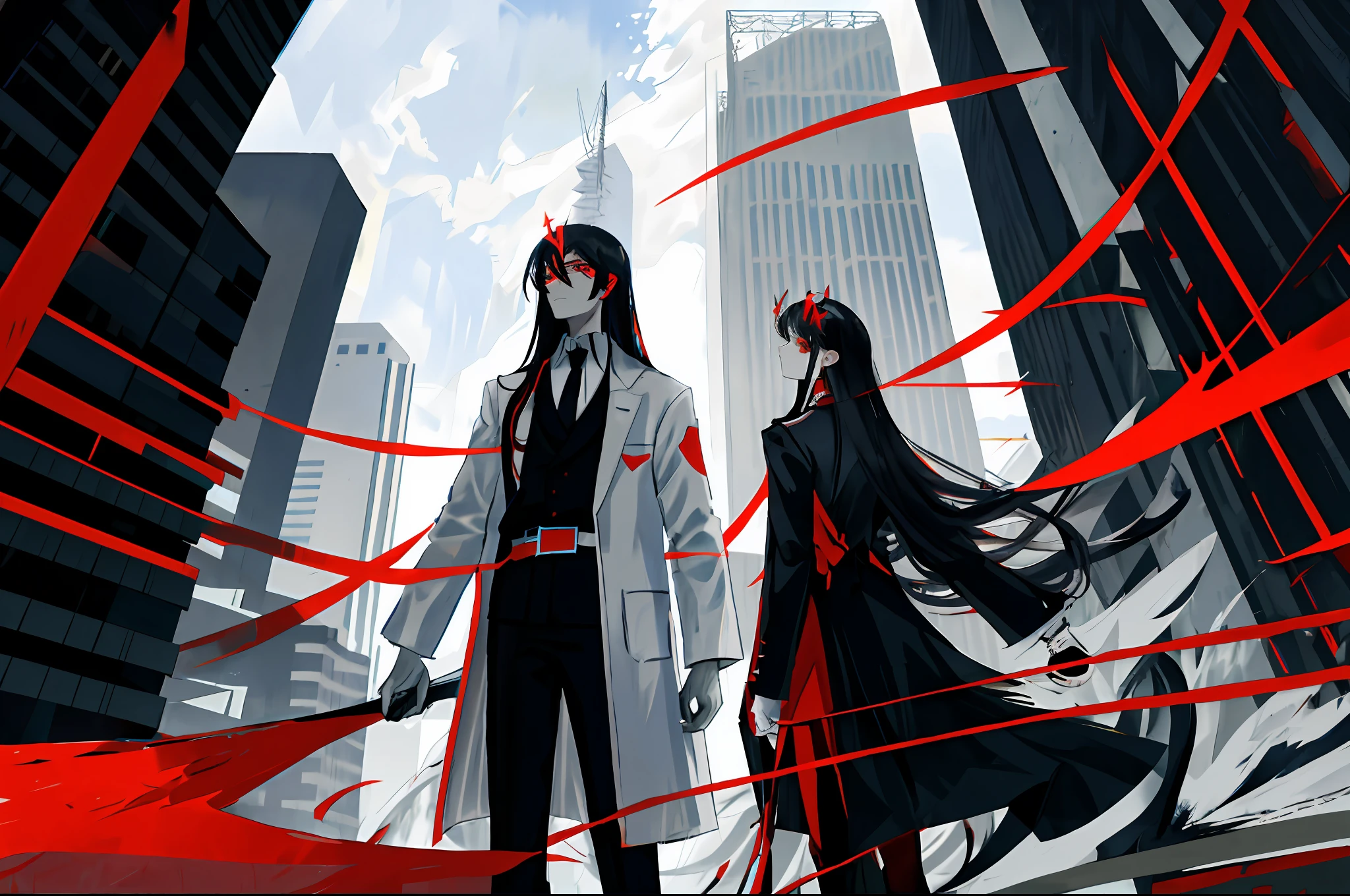 Modern architecture, red eyes, black hair, bangs, cold eyes, lab coat, side, long straight hair, fear, splashed blood, murderer, skyscraper, backlit, starry sky, star headdress, handsome costume, European costume