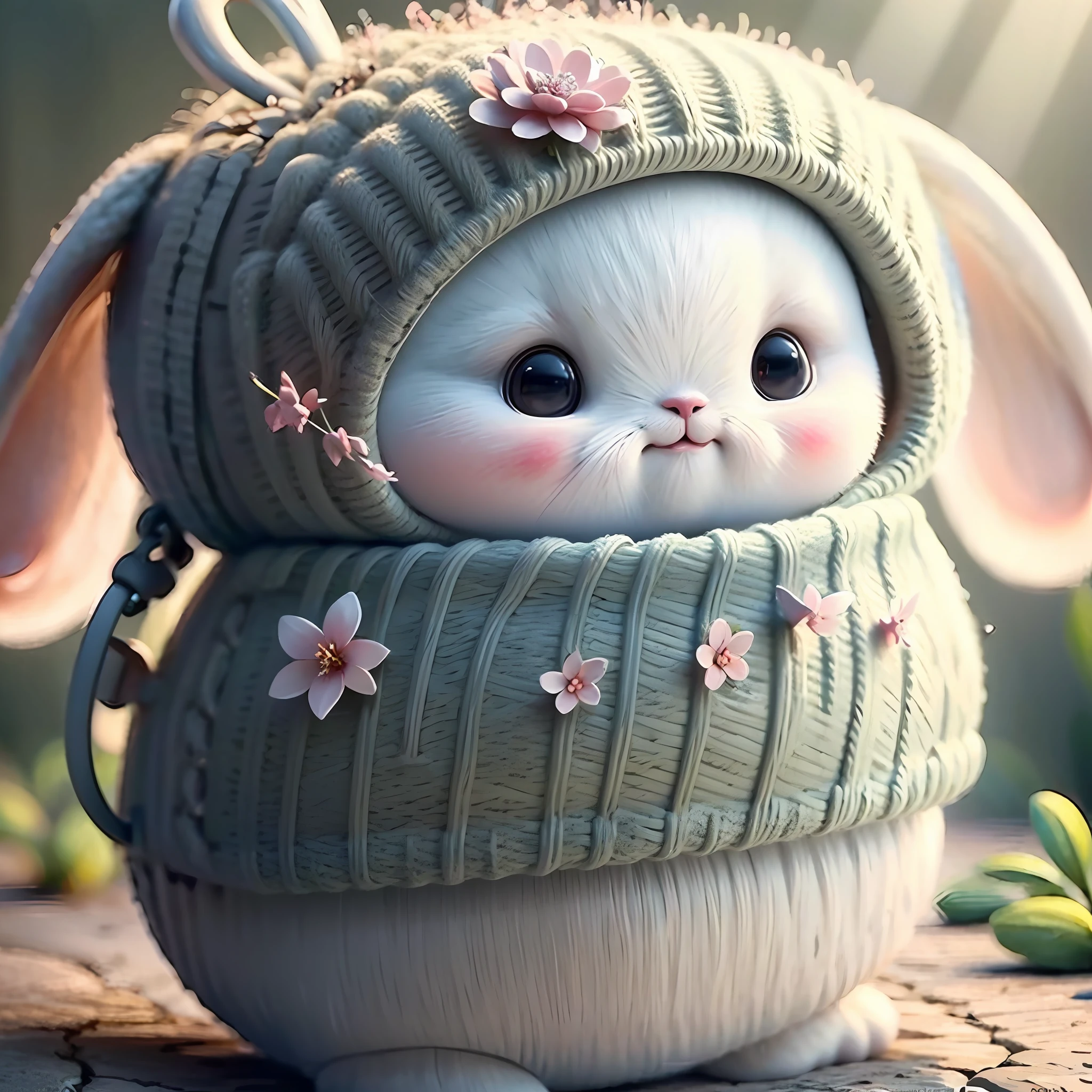 holding camera, tree_stump, flowers, adorable , fluffy, photorealistic, soft lighting,