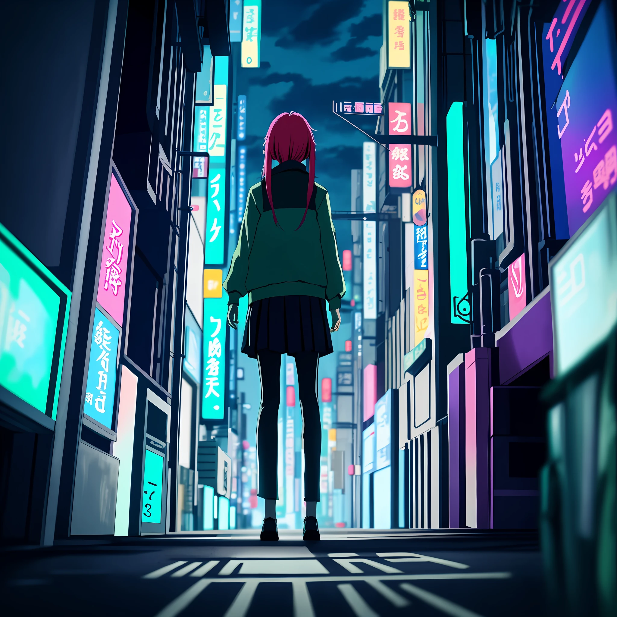 Anime girl walking on city streets at night, neon signs flashing, Tokyo anime scene, anime style 4K, inspired by Huang Liam, cityscape details are outstanding, cool modern cyberpunk anime, digital cyberpunk anime art, best sci-fi anime 4K konachan wallpaper, badass anime 8K, fragrant anime style, city and digital world are all in it.