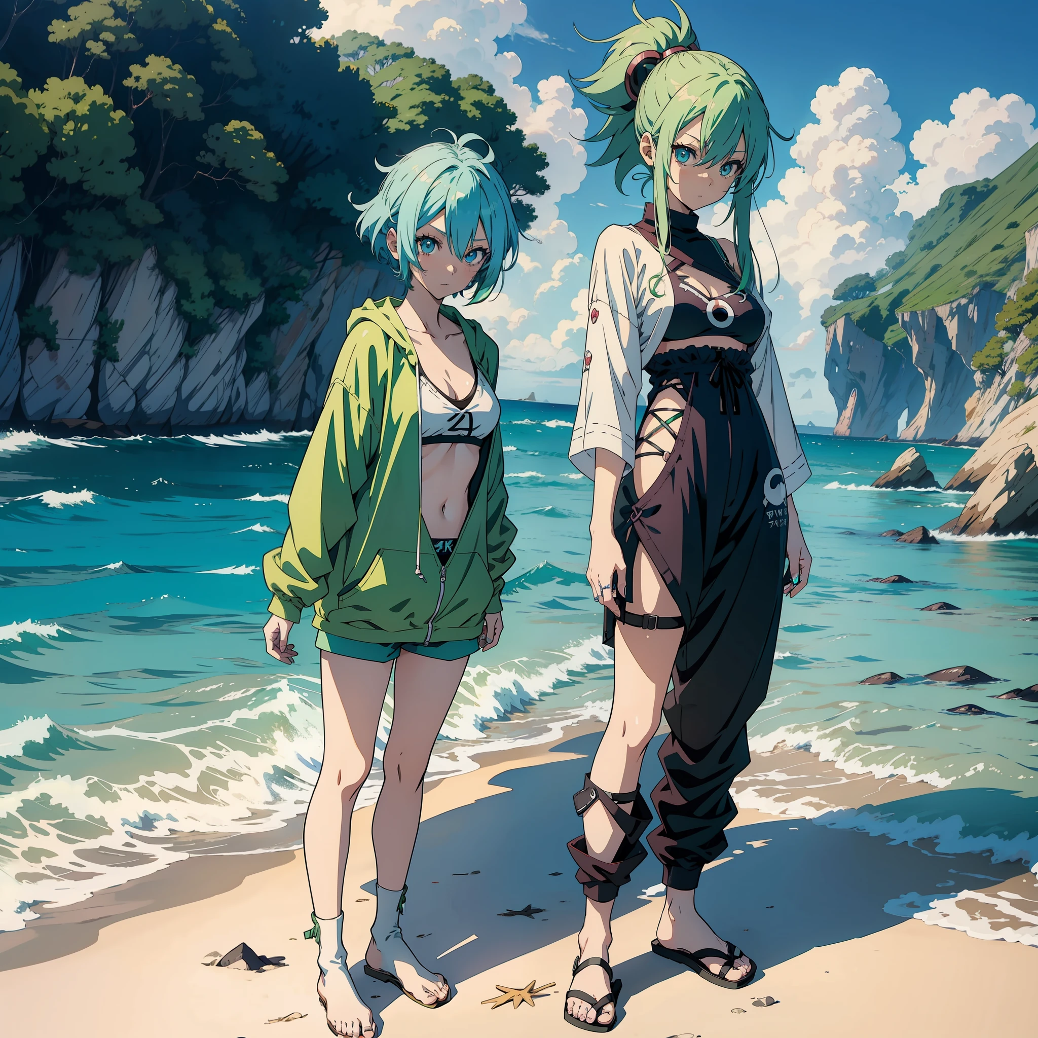Anime girl with green hair and blue eyes on the beach, baggy outfit, 4K anime style, anime style digital art, detailed digital anime art, anime style. 8k, anime wallpaper 4k, anime wallpaper 4k, anime wallpaper 4k, anime wallpaper art 4k, anime wallpaper 4k, anime badass 8 k, digital anime art, digital anime illustration