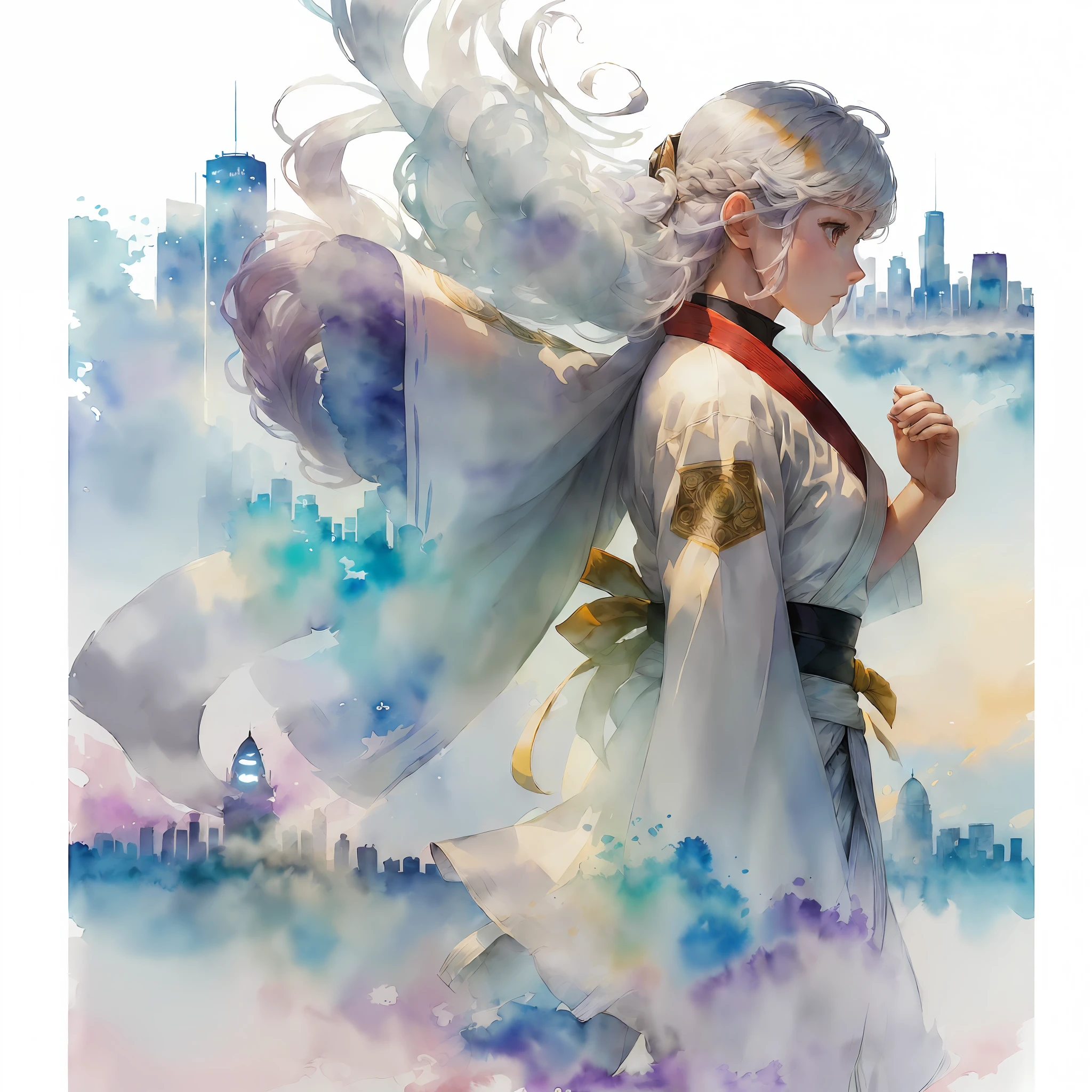 ((((Exquisite image quality))), the highest quality, extremely detailed CG unity 8k wallpaper, very delicate and beautiful, levitating, (moving shots), dynamic posture, (5 girls), soft sunshine, (colorful hair: 1.3 + silver hair: 1.2 + red hair: 1.2 + purple hair + yellow hair: 1.2 + green hair: 1.2), white martial arts costume, bright face, (skyline), mist-shrouded sea, clear blue sky, wide view, Watercolor painting style. --auto --s2
