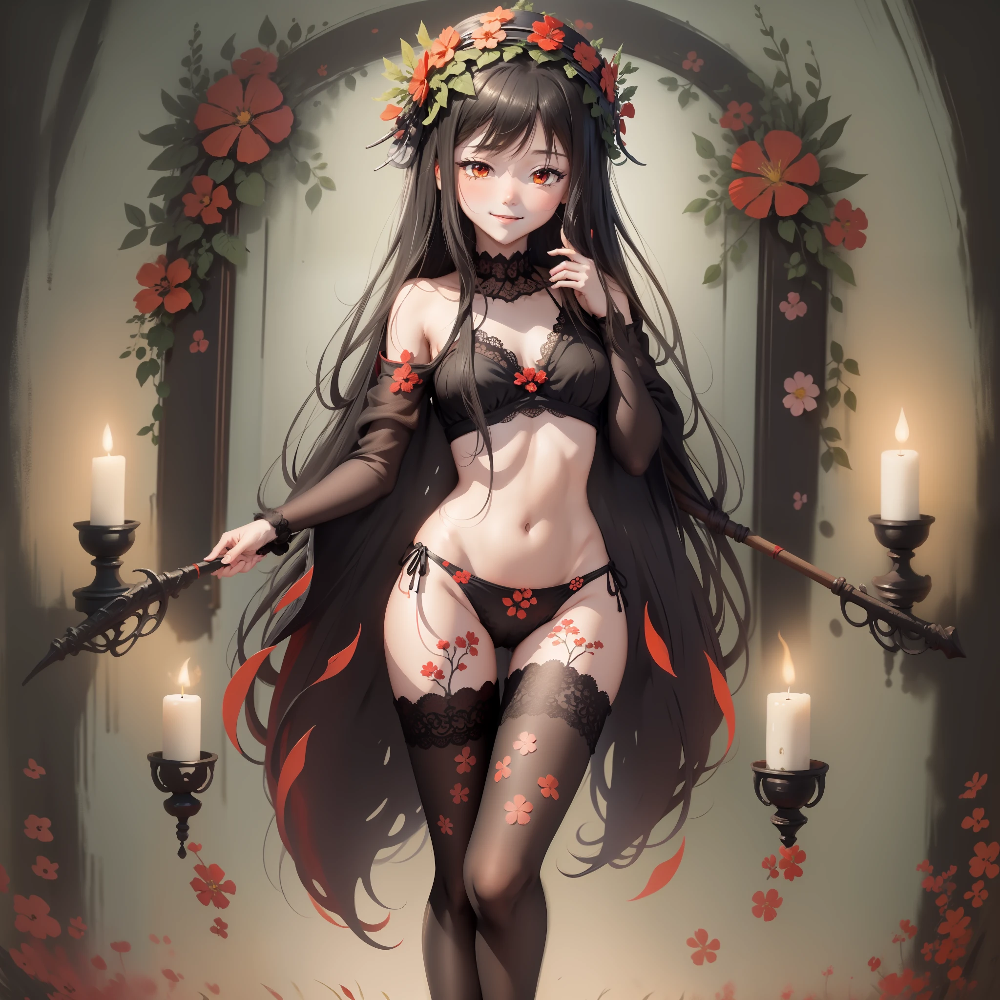 Sea of flowers, girl, holding a flower in hand, red eyes, black lace underwear, shyness, wreath headdress, smile, panorama, high definition, ultra-high detail, two-dimensional painting style, two-dimensional, flat painting, full body photo, overhead lens, perfect picture quality.