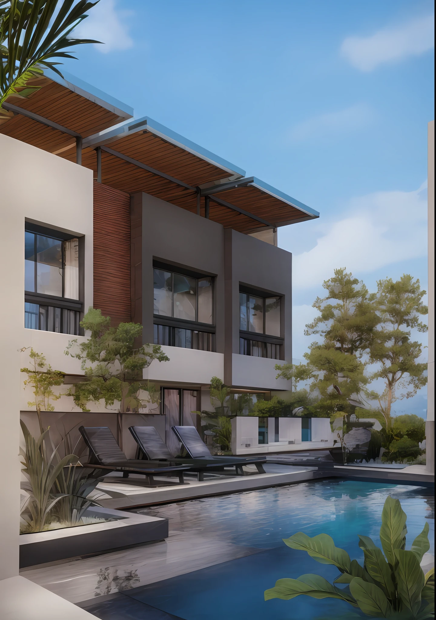 a beautiful render of a villa with a pool and lounge chairs, modern architectural, villa exterior, modern facade, shading on top, by Warren Mahy, clean ink detailed line drawing, by Max Buri, architectural rendering, by Hugh Hughes, corona render, a modern villa with pool, glass window, beautiful photo, Realistic render, edge and line enhance, sharpener, octane render, ray tracing, 16k, ultra HD, Amazing beautiful casa moderna, perspective view, architectural scene, concrete structure exterior, 2 point perspective view, architectural photography, tropical house, ray tracing, striped arrangements, wide angle, cloud, tree, blue sky, city, real world location (Image Sharpener:0.7) brutalism, house, outdoors, day,best quality, realistic, photorealistic,ultra detailed,16K,High quality texture,intricate details,detailed texture,finely detailed,photo of building , pixels perfect, sharpen edge, edges sharpener --auto --s2