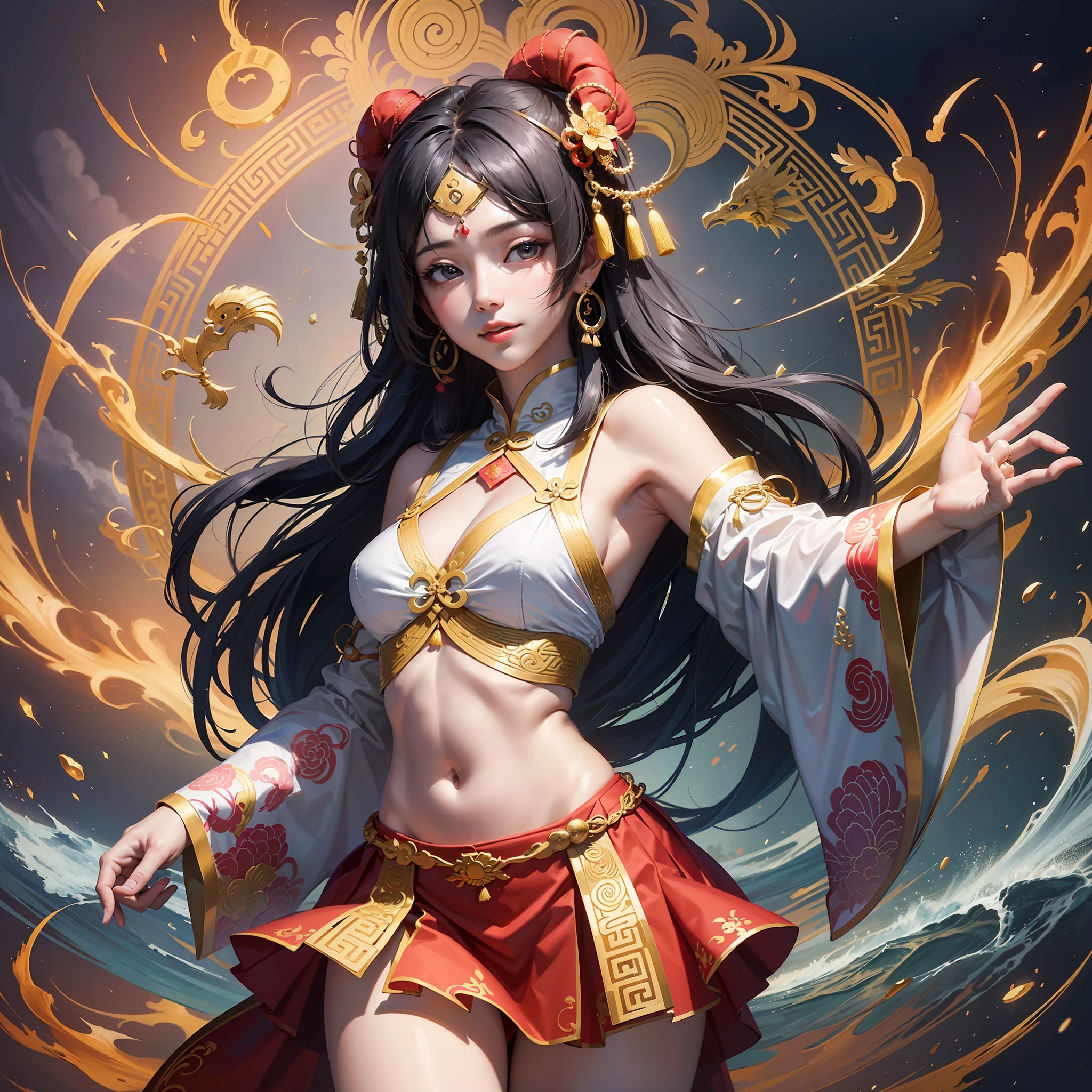 Official Art, Unified 8K Wallpapers, Ultra Detailed, Beautiful and Aesthetic, Masterpiece, Best Quality, (Zentangle, Tangle, Entangle), (fractal art: 1.4), 1girl, black hair, Chinese, bare shoulders, short skirt, calf, navel, very detailed, dynamic angle, cowboyshot, (most beautiful form chaos), flowing, (bright colors), oc, (half: 1.2), china, (thangka flying sky: 1.5), (ribbon: 1.3), (dream: 1.5), (hanfu: 1.5), Chinese dragon, Chinese phoenix, (smile: 0.5), (Chinese deity), --auto --s2